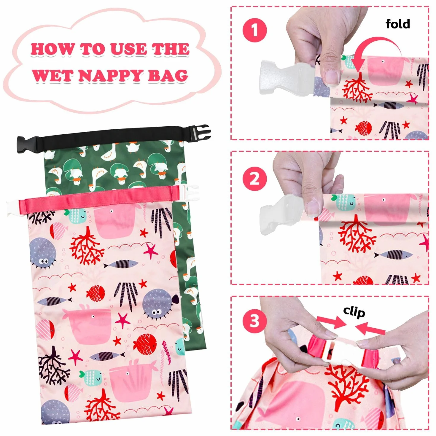 Lot de 2 sacs à couches imperméables pour bébé, Rose, Vert