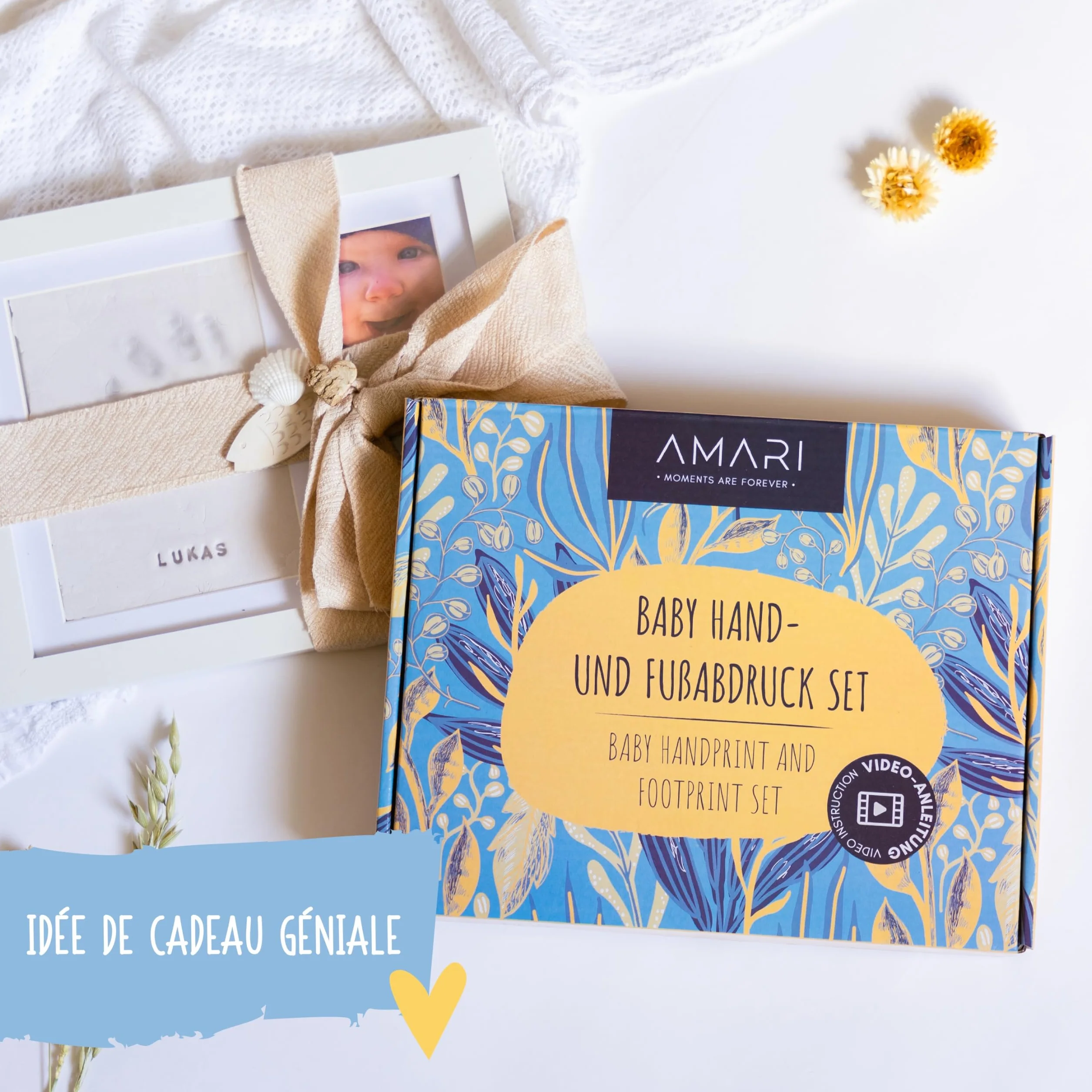 Kit d'empreintes de plâtre pour bébé - Main et pied avec cadre photo - Cadeau de naissance
