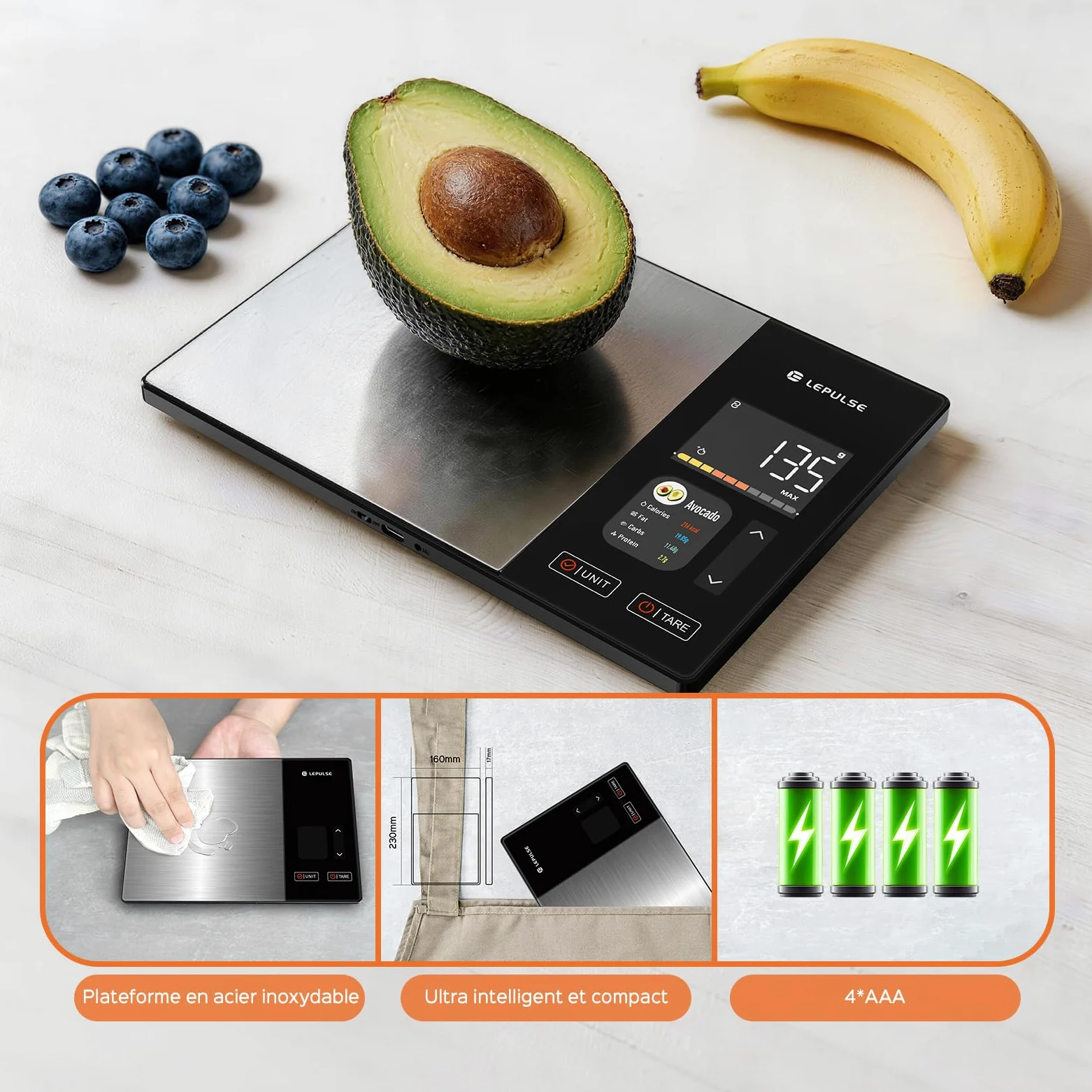 Balance de cuisine numérique avec calcul nutritionnel, écran couleur TFT | Balance alimentaire intelligente, 24 analyses, calories Bluetooth, 50 analyses hors ligne et analyse illimitée des calories