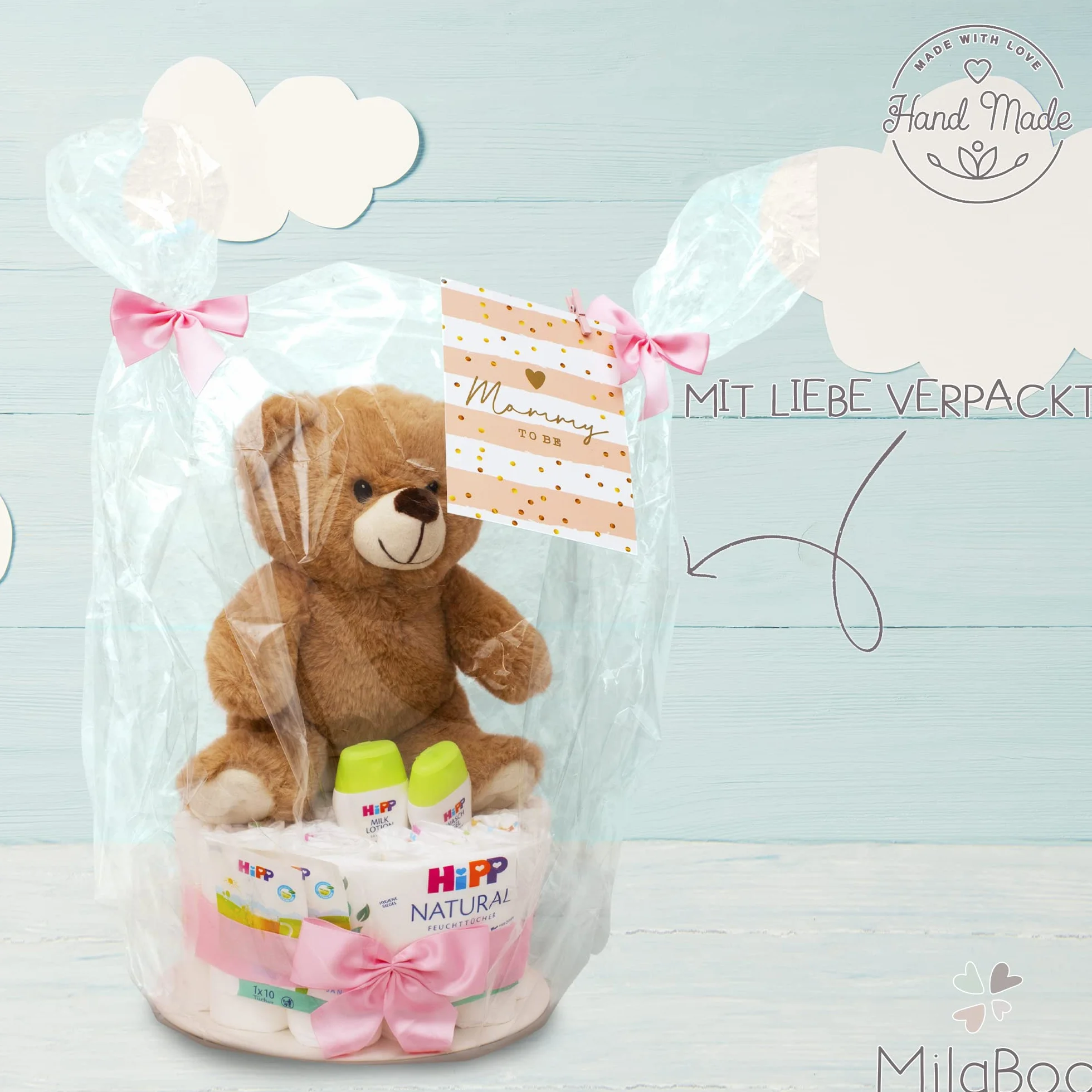 MilaBoo® Gâteau de couches bleu garçon avec petit ourson tout doux cadeau de naissance personnalisé