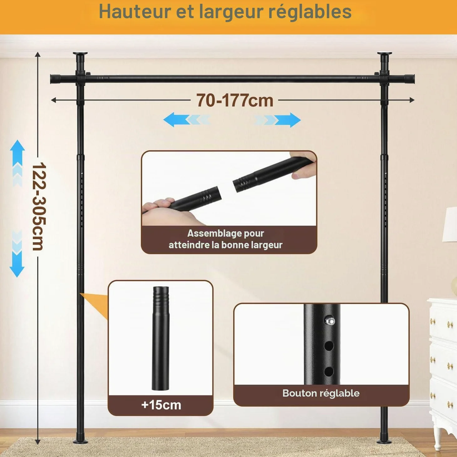Séparateur de pièce sans perçage, tringle de rideau réglable comme structure de paravent, séparateur d'espace autonome sans rideau, L 70-177 cm x H 122-305 cm, protection des regards pour salon