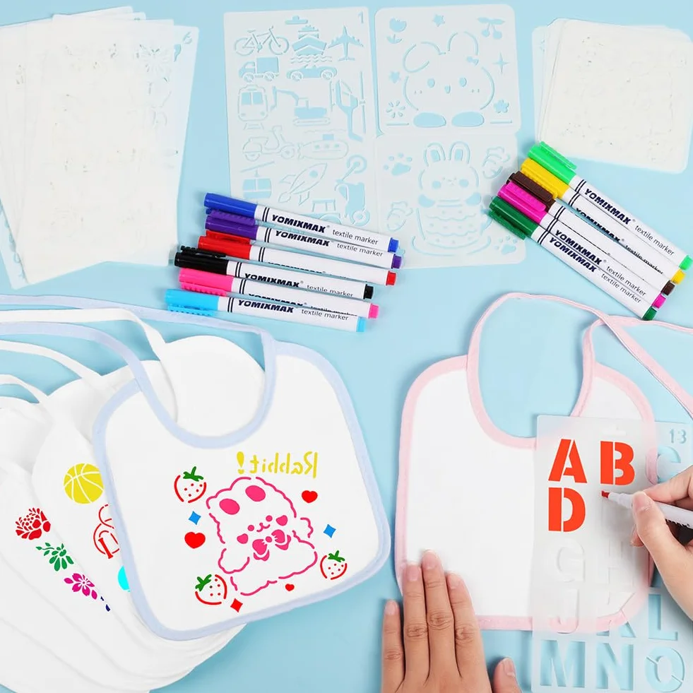 Bavoirs Peinture 6PCS avec Grenouillères 6PCS, 12 Stylos Textiles, 22 Pochoirs, Cadeau Babyshower DIY (9-12mois)