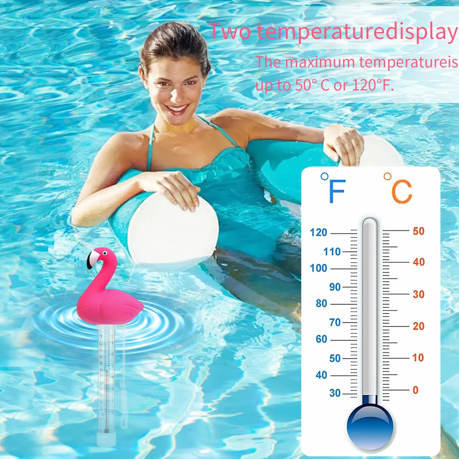 Thermomètre à eau flottant pour piscine jacuzzi flamants roses avec corde