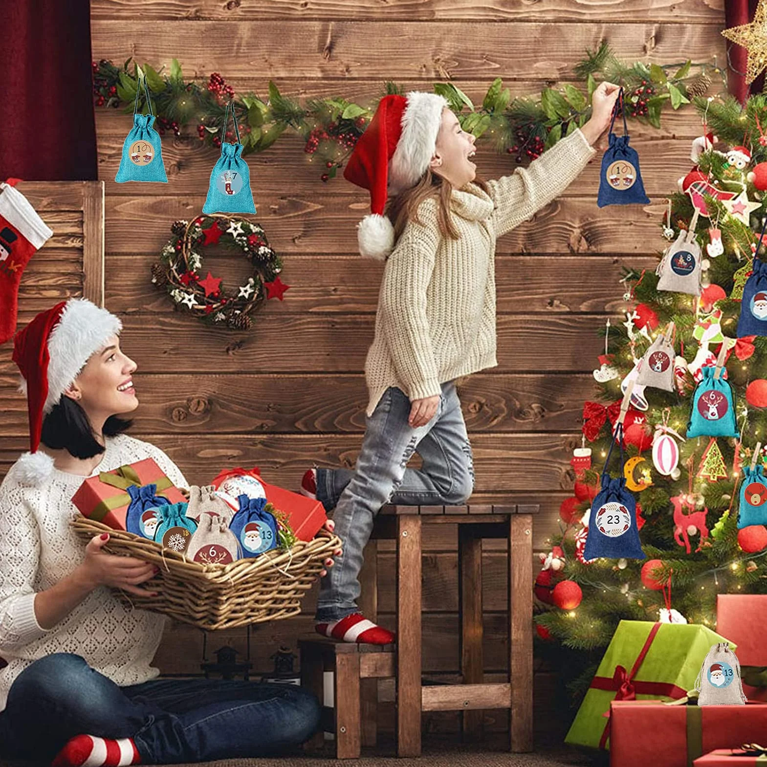 Calendriers de l'Avent à remplir 24 sacs en tissu, pinces en bois, corde de chanvre Lin/Vert/Bleu