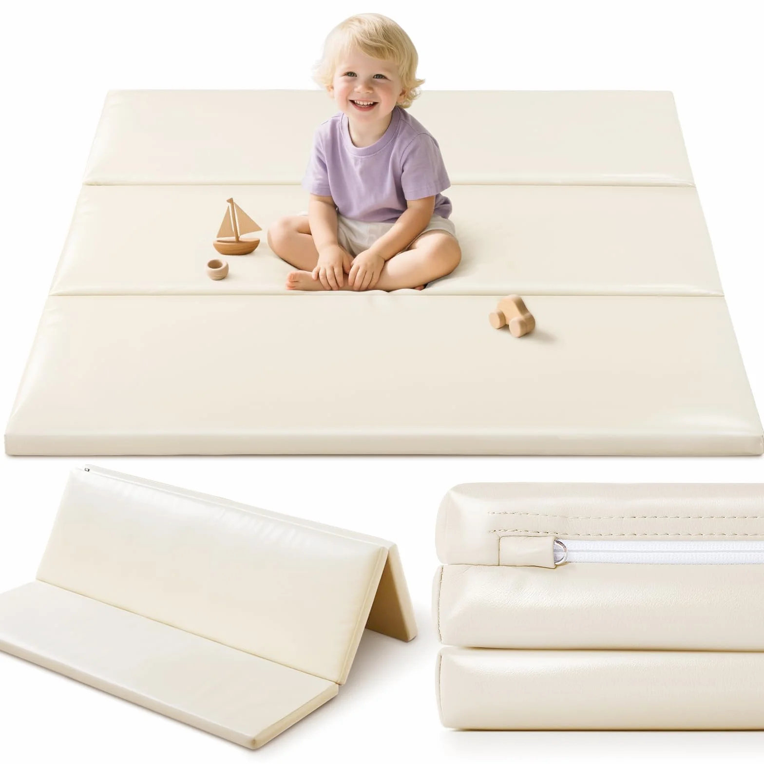 Tapis de Jeu en Mousse pour Bébé 121x121 cm Cuir PU Imperméable Pliable Jaune