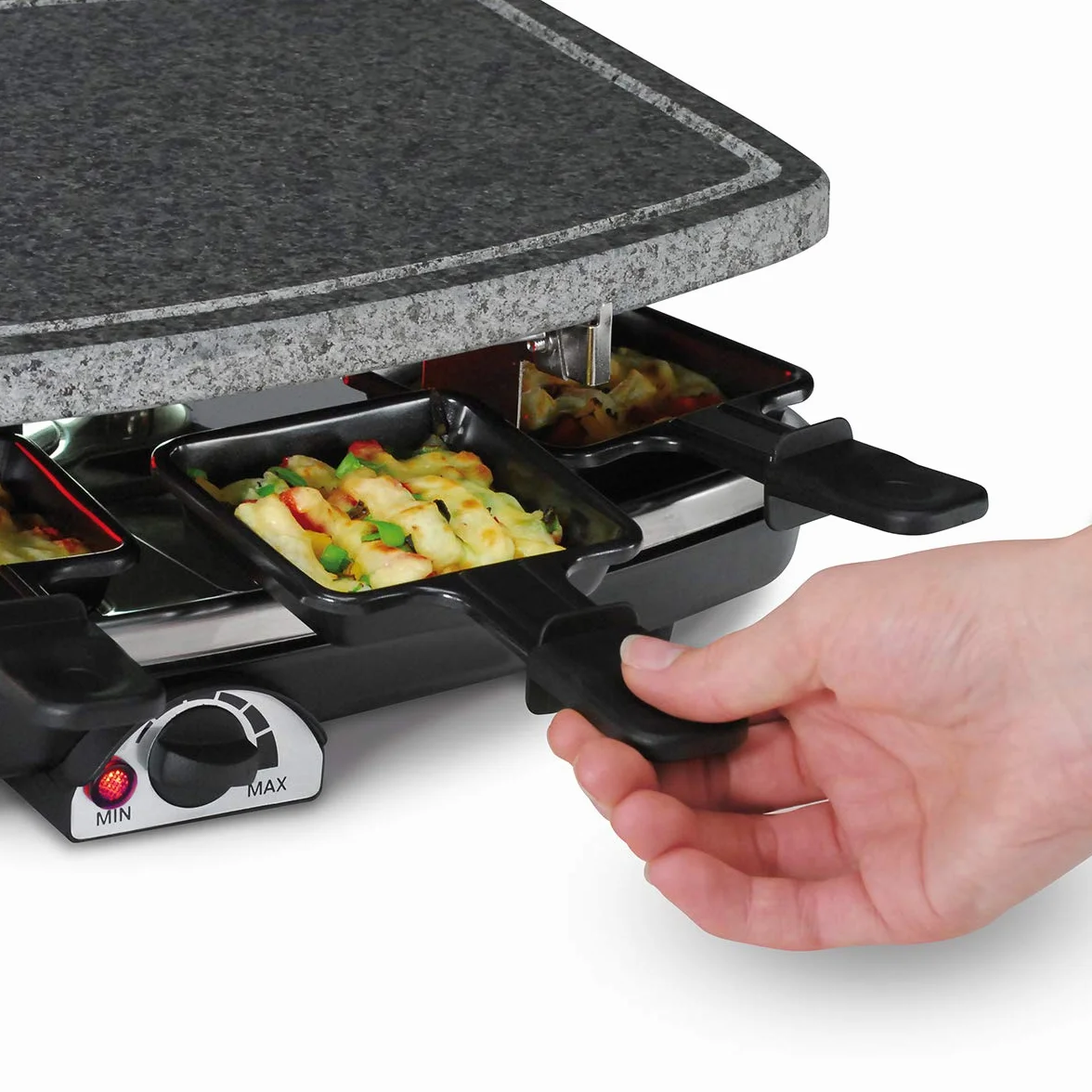 Cloer 6430 Raclette gril avec pierre de cuisson naturelle, inclus 8 poêlons anti-adhésifs pour faciliter le retrait des aliments, 1200 W, Noir