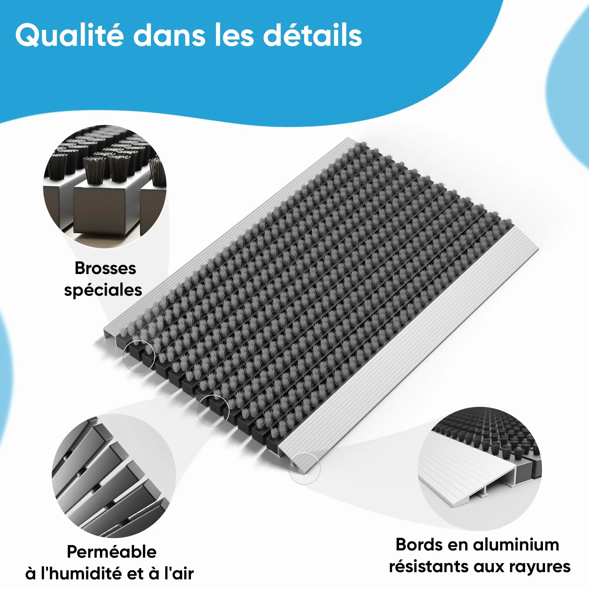 Paillasson extérieur en Aluminium avec brosses Gris, paillasson 40 x 60 cm, en Aluminium, Tapis extérieur, Gratte-Chaussures, entrée de Maison, Tapis de Brosse, Tapis extérieur, paillasson
