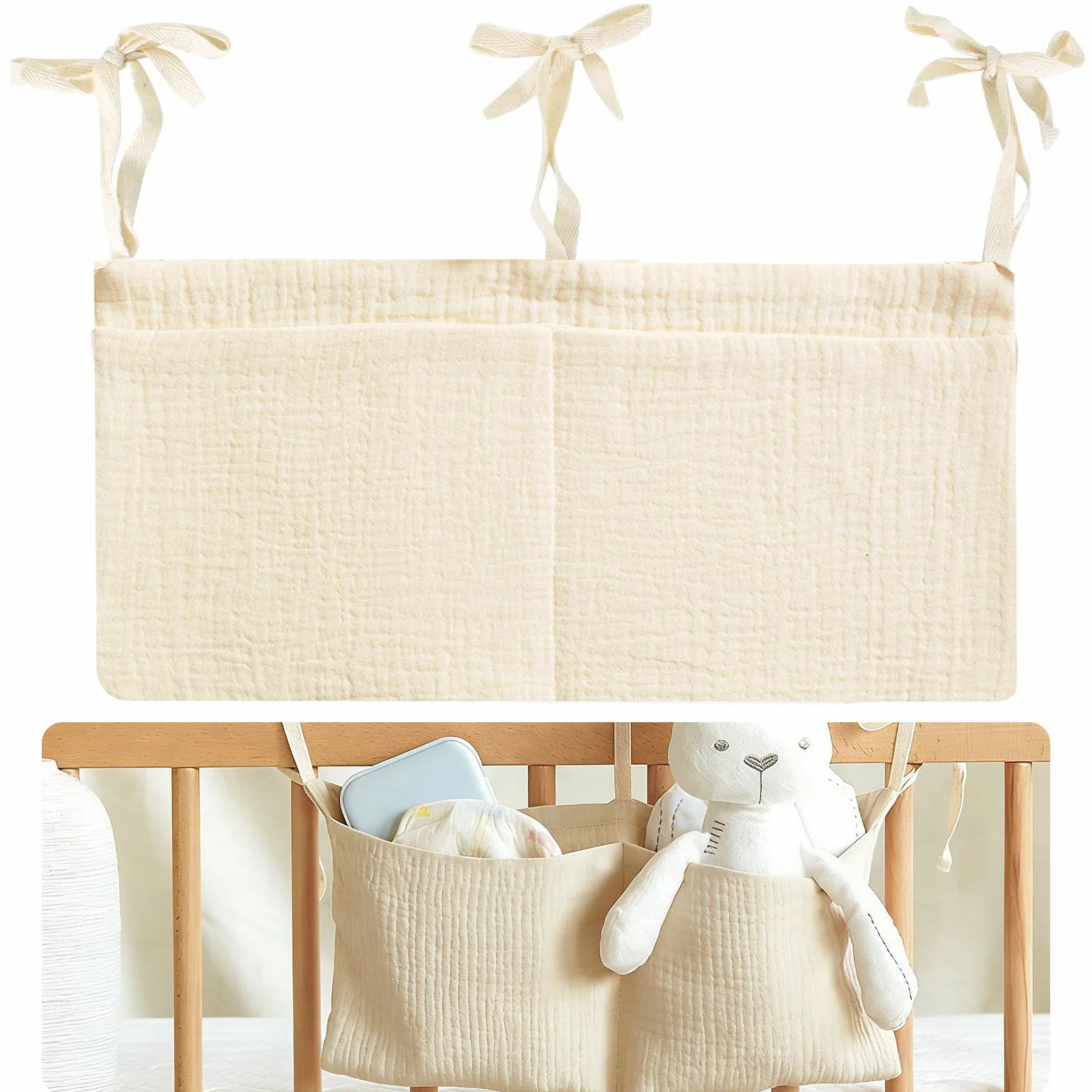 Sac Rangement Suspendu Lit Bébé avec 2 Poches, Organisateur de Couches, Rangement pour Vêtements Jouets Beige