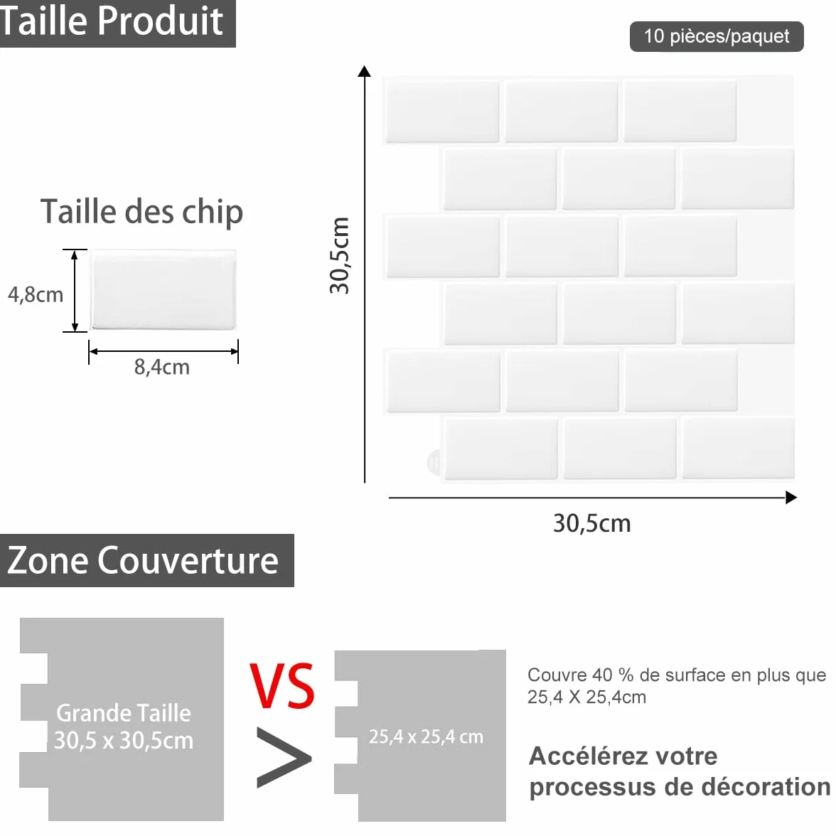 Blanc Sticker Carrelage Adhesif Mural 3d Cuisine Salle de Bain 30.5x30.5cm