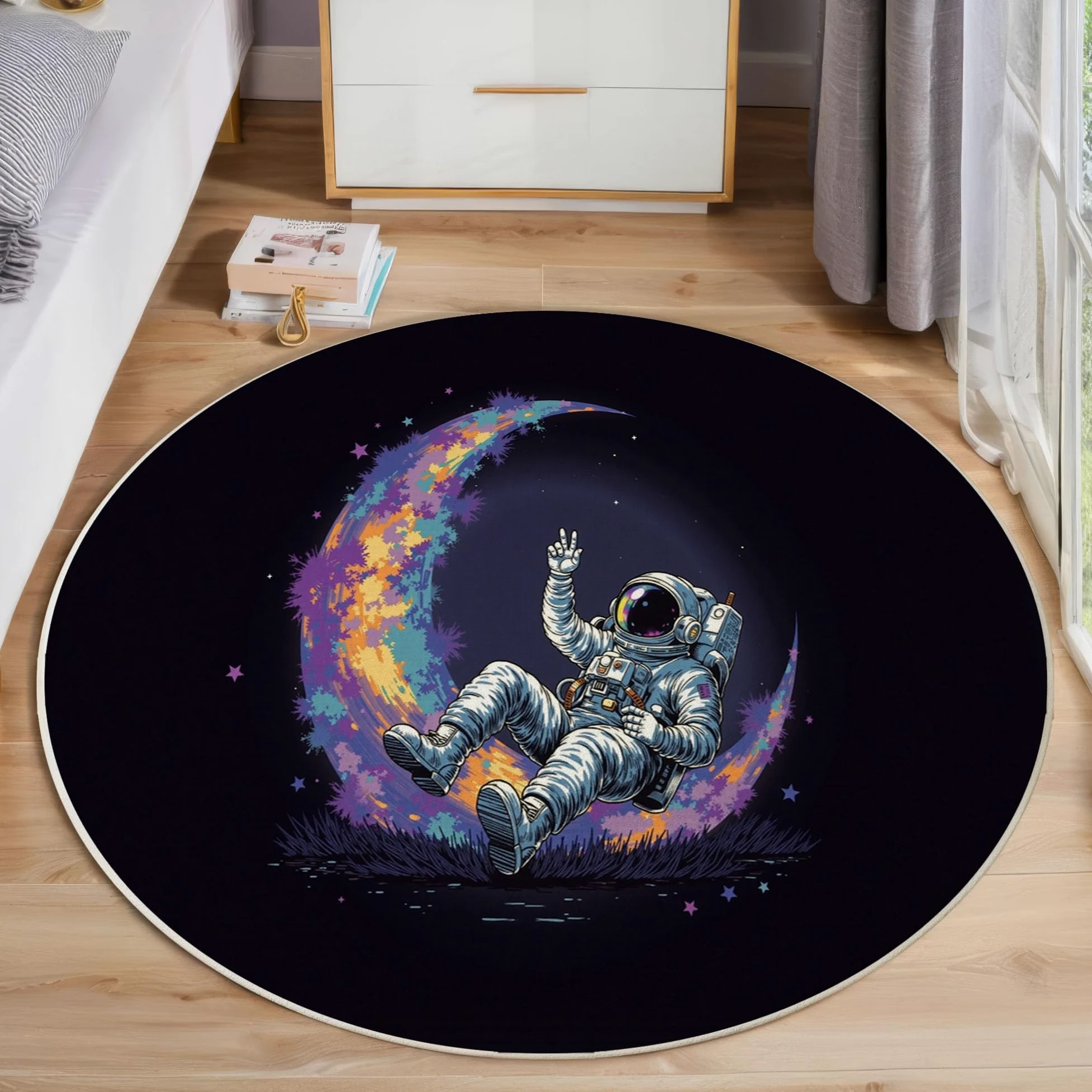 Tapis Rond Aquarelle Lune Astronaute 100 Cm, Lavable En Machine Pour Salon, Ne Perd Pas Ses Poils, Antidérapant | Tapis Affiche Science-Fiction Pour Chambre À Coucher Chambre D'Enfant, Noir Violet