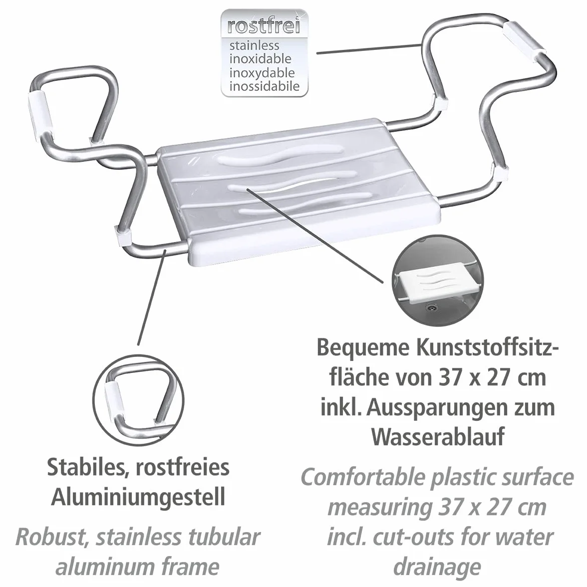 WENKO Siège de baignoire Secura | Aide bain senior avec structure aluminium réglable | Capacité 120 kg | 55-65 x 18 x 26 cm | Blanc aluminium