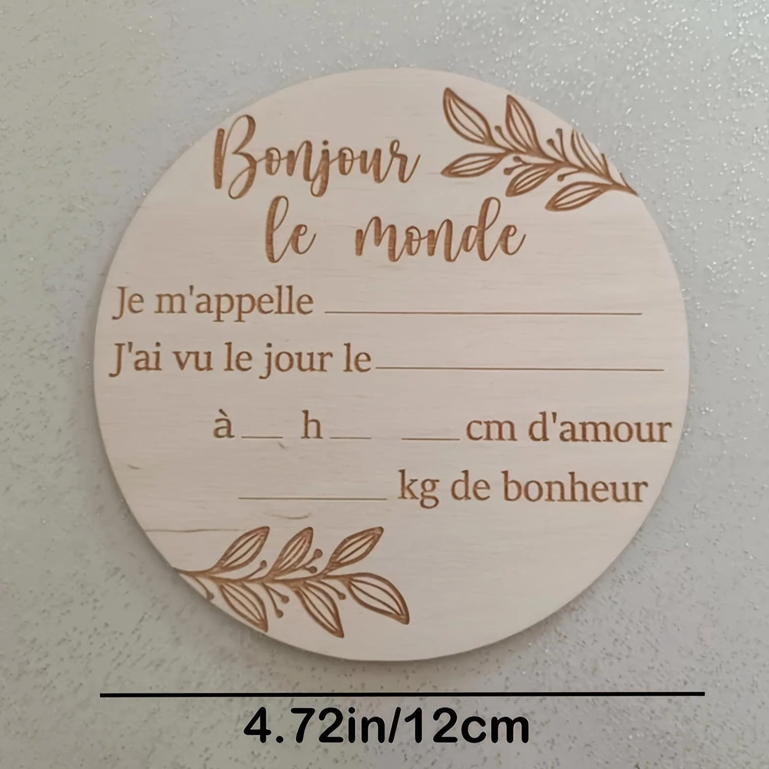 Plaque commémorative ronde en bois pour bébé Bonjour mot circulaire nouveau-né mensuel Photo Prop