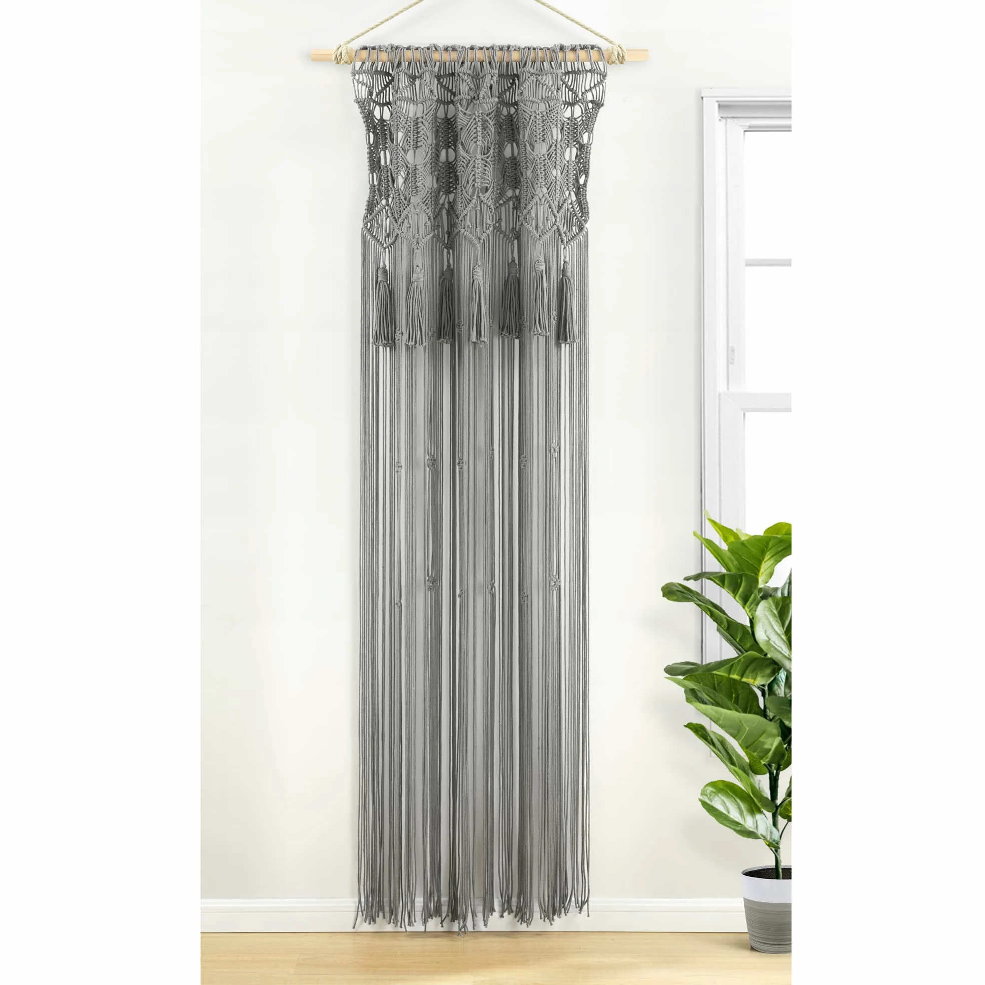 Lush Decor Rideau de fenêtre bohème en Coton macramé avec Pompons - Séparateur de pièce - Toile de Fond de Mariage - Décoration Murale - 213,4 cm (L) x 127 cm (l) - Gris