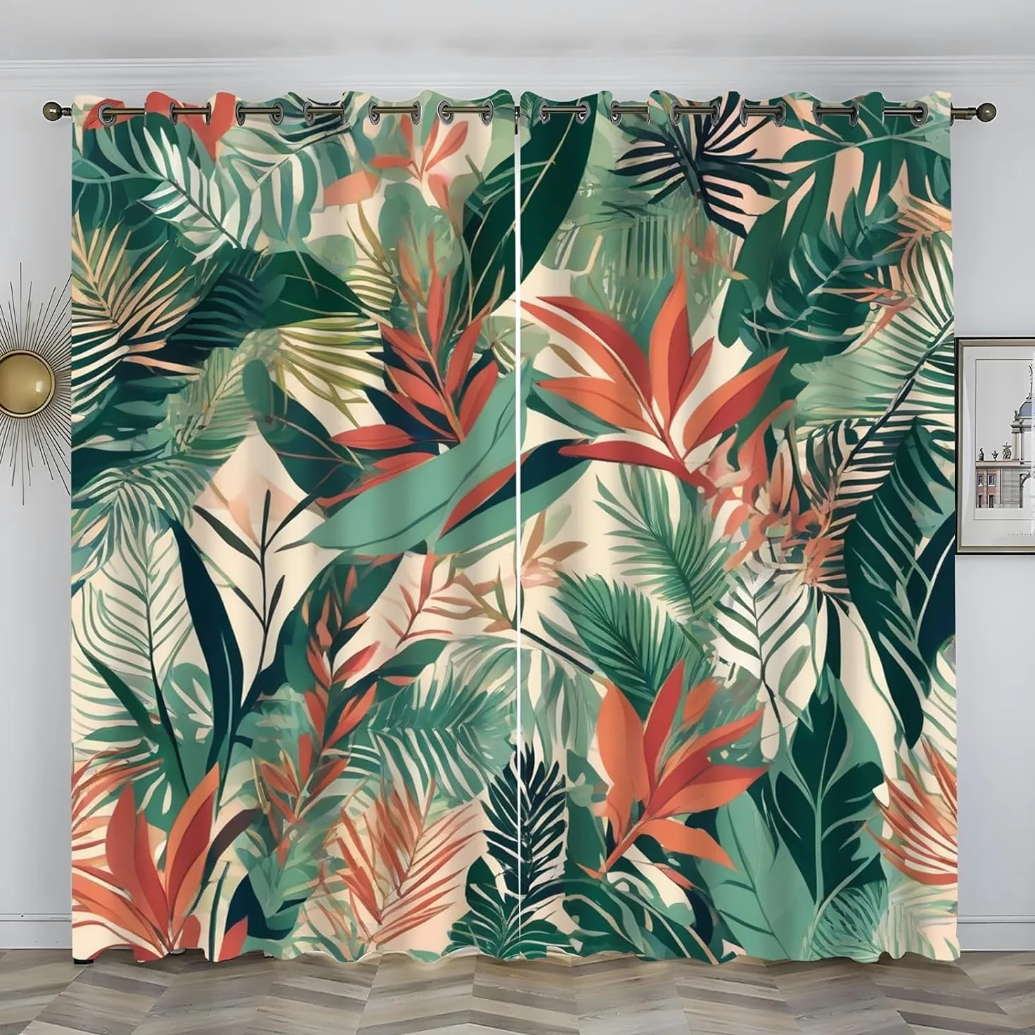 beige Rideau Occultant feuilles vertes tropicales Rideau Thermique Isolant Lot de 2 Pièces (2x140x225cm), 3D Rideau Fenetre pour Chambre Fille Enfant Garcon Rideau Separation de Piece con Oeillets,