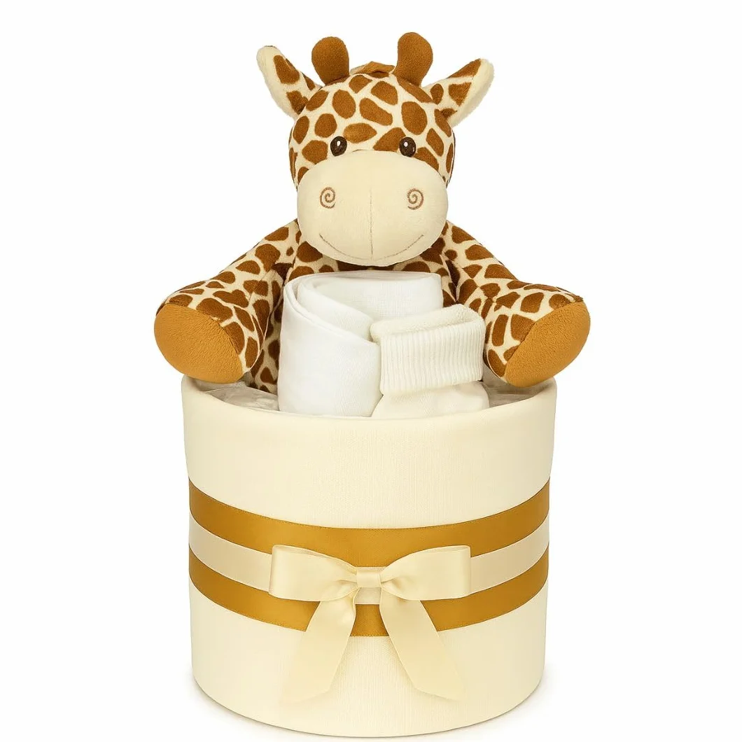 Gâteau de couches neutres unisexe – Mousseline carrée enveloppante 9 couches, bavoir, chaussettes et girafe en peluche douce