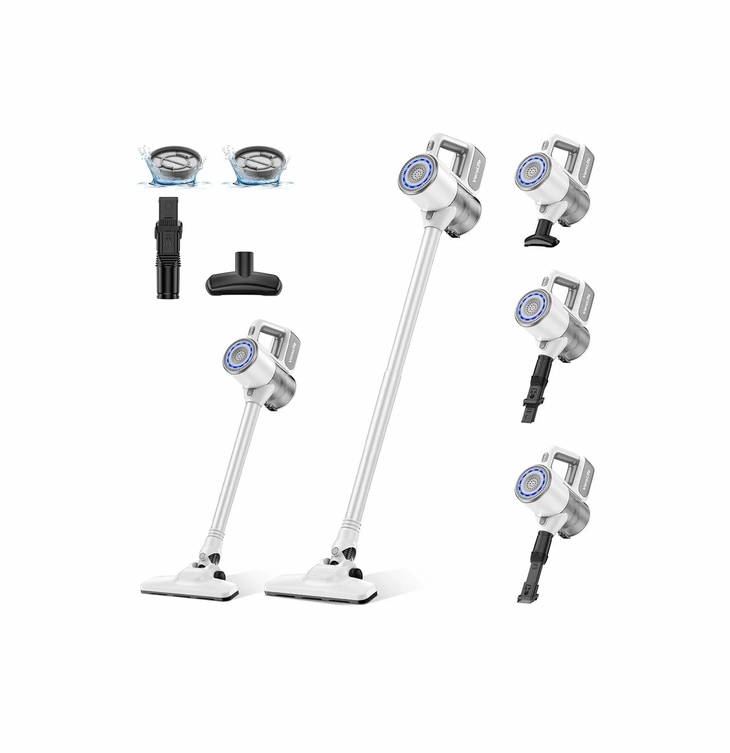 VersLife Aspirateur Balai sans Fil 30Kpa 30 Min Autonomie 4 en 1 sans Sac Poils Animaux Tapis Sols Blanc