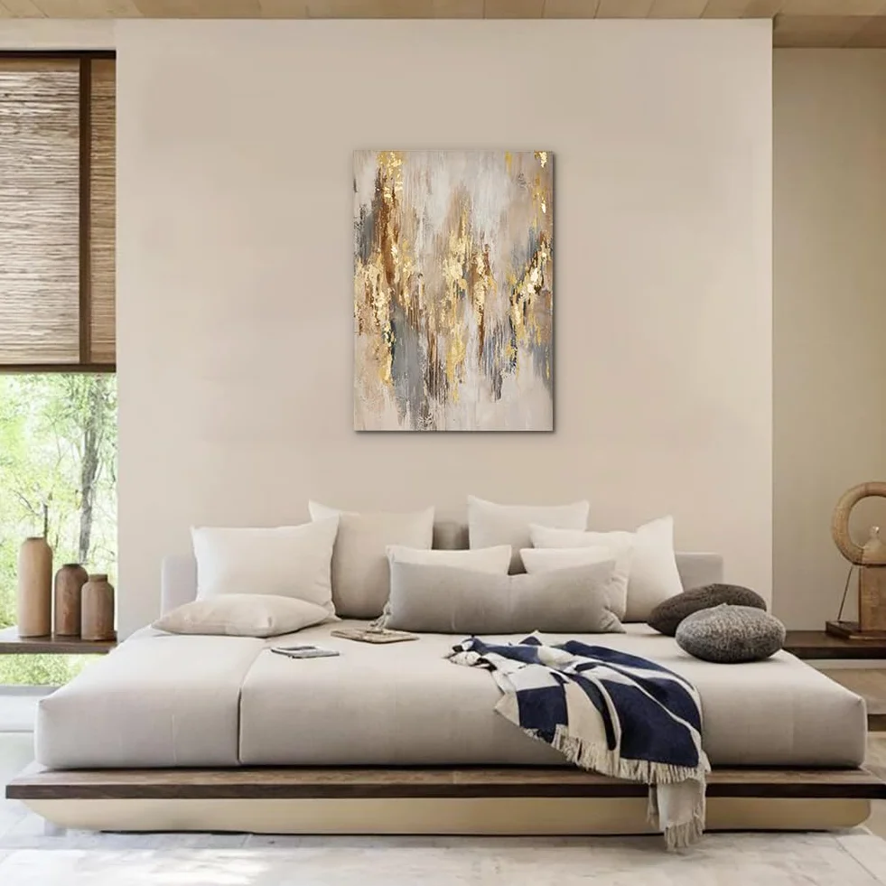 Peinture sur toile 70 x 50 cm - Structures dorées - Art abstrait - Décoration murale