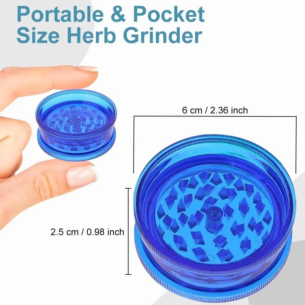 Lot de 2 moulins en plastique 60 mm Trois pièces Crusher Kitchen, broyeur à pollen et herbes en plastique pour épices Bleu et noir