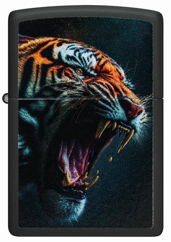 Zippo - Briquet tempête, Motif Tigre féroce, Noir Mat, Impression colorée Color Image, Rechargeable, réutilisable, Coupe-Vent, boîte Cadeau, fabriqué aux États-Unis