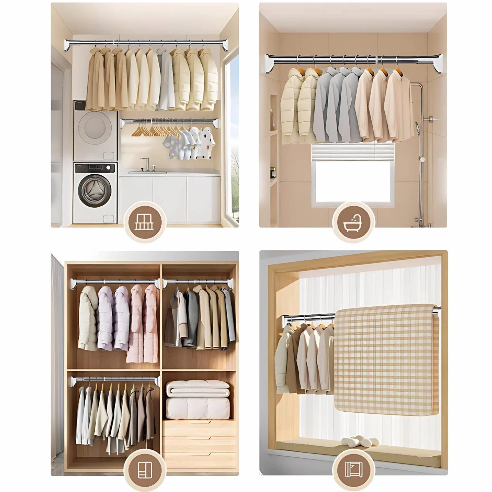 Tringle de Rideau de Douche Sans Perçage 70-300 cm Barre de Tension Réglable Tringle Extensible en Acier Inoxydable pour Salle de Bain Fenêtre Penderie(Gray,63"-98"(160-250cm))