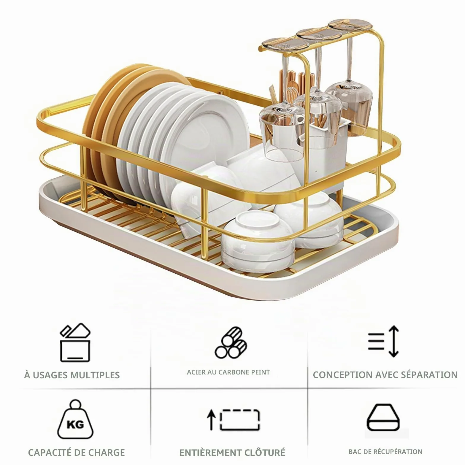 Égouttoir à vaisselle réglable en acier inoxydable avec support à couverts - Design ventilé - Doré