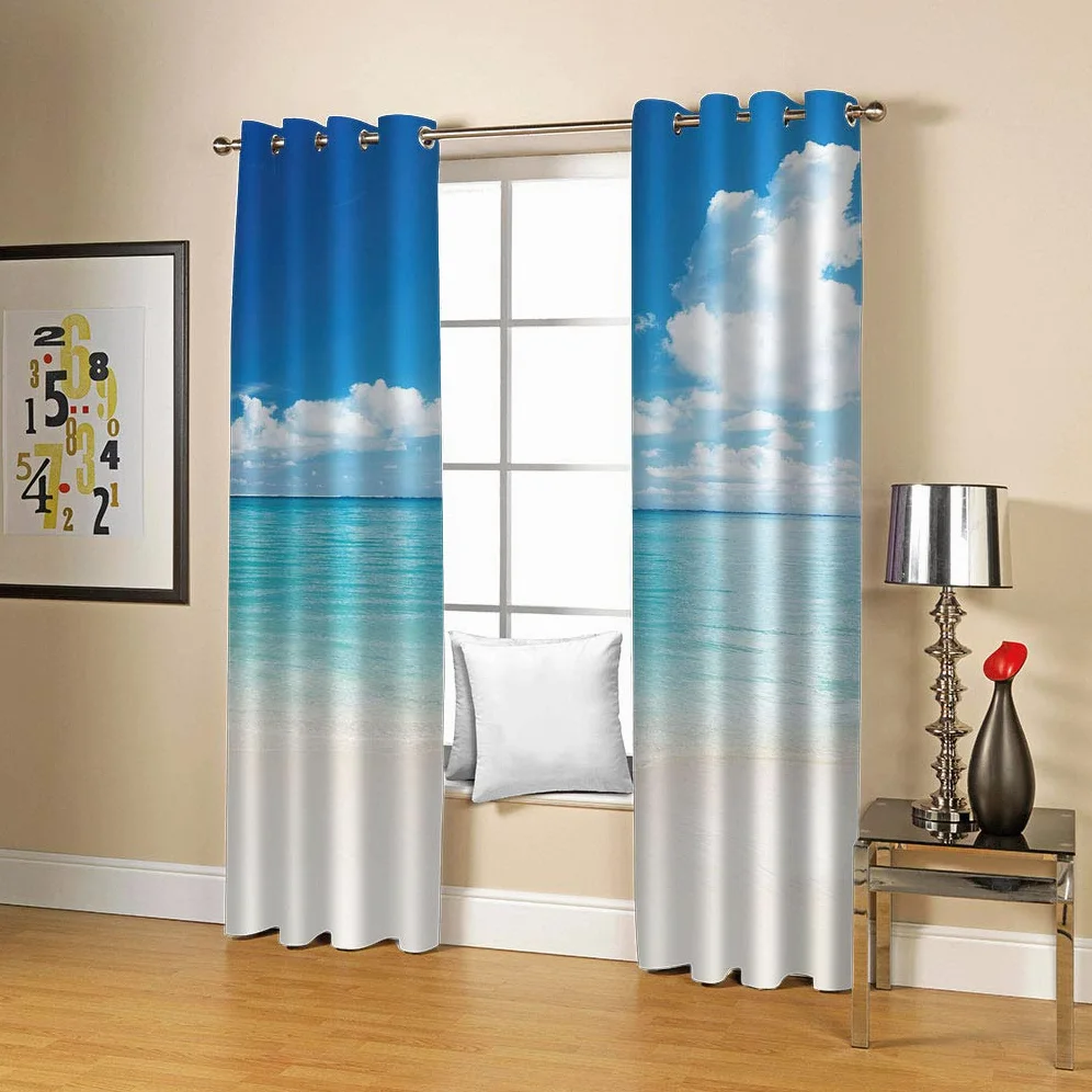 Rideaux Et Draperies Intérieurs 3D Ciel Bleu Nuage Blanc Vue Mer Motif Rideau Occultant À Oeillets Decoration Salon Chambre Maison pour Enfant Adulte 2 Pièces 280x160Cm Design Moderne Imprimé