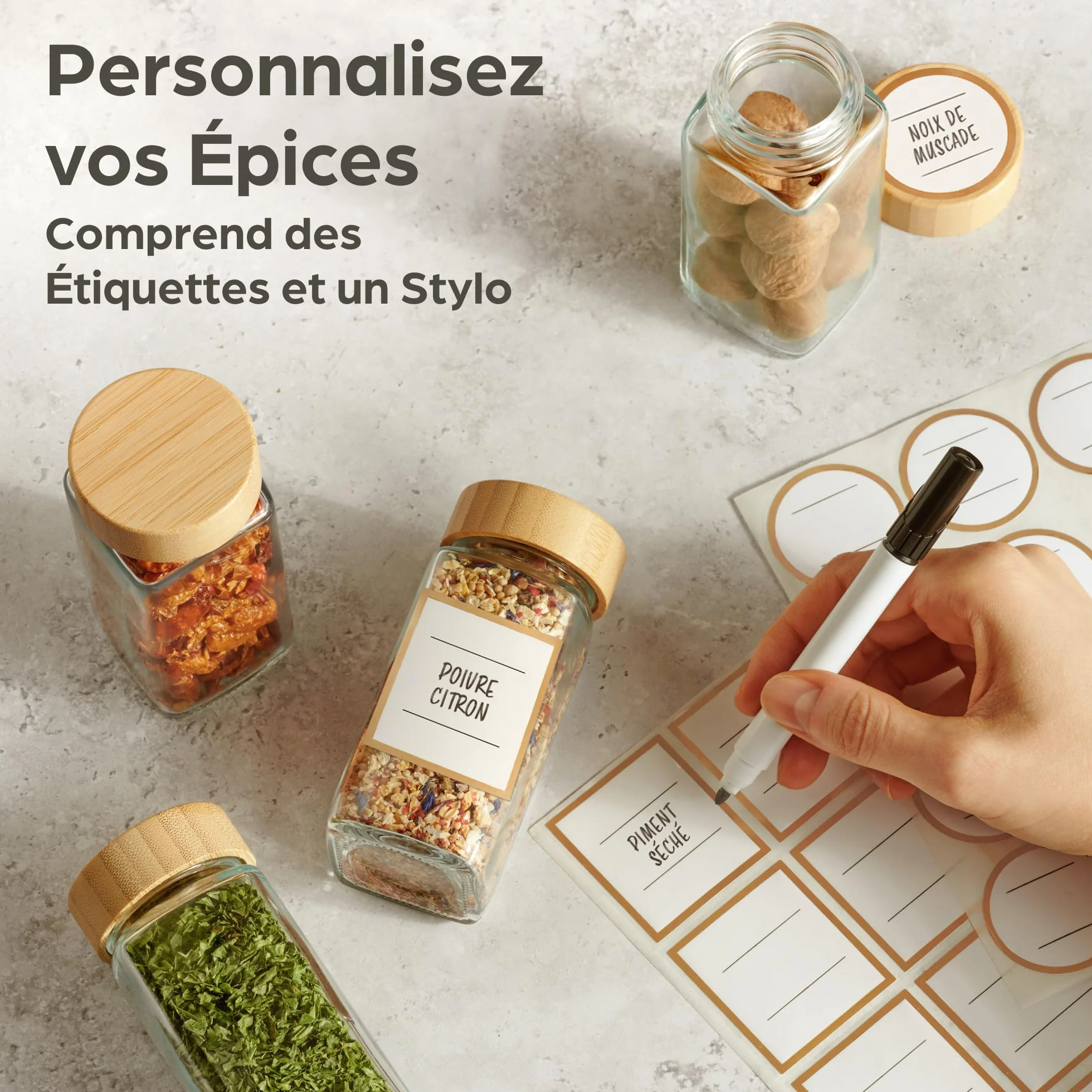 Pot à Épices avec Étiquettes Réutilisables - Lot de 12 x 120ml - Hermétiques - Inclus Brosse de Nettoyage & Cuillère en Bois