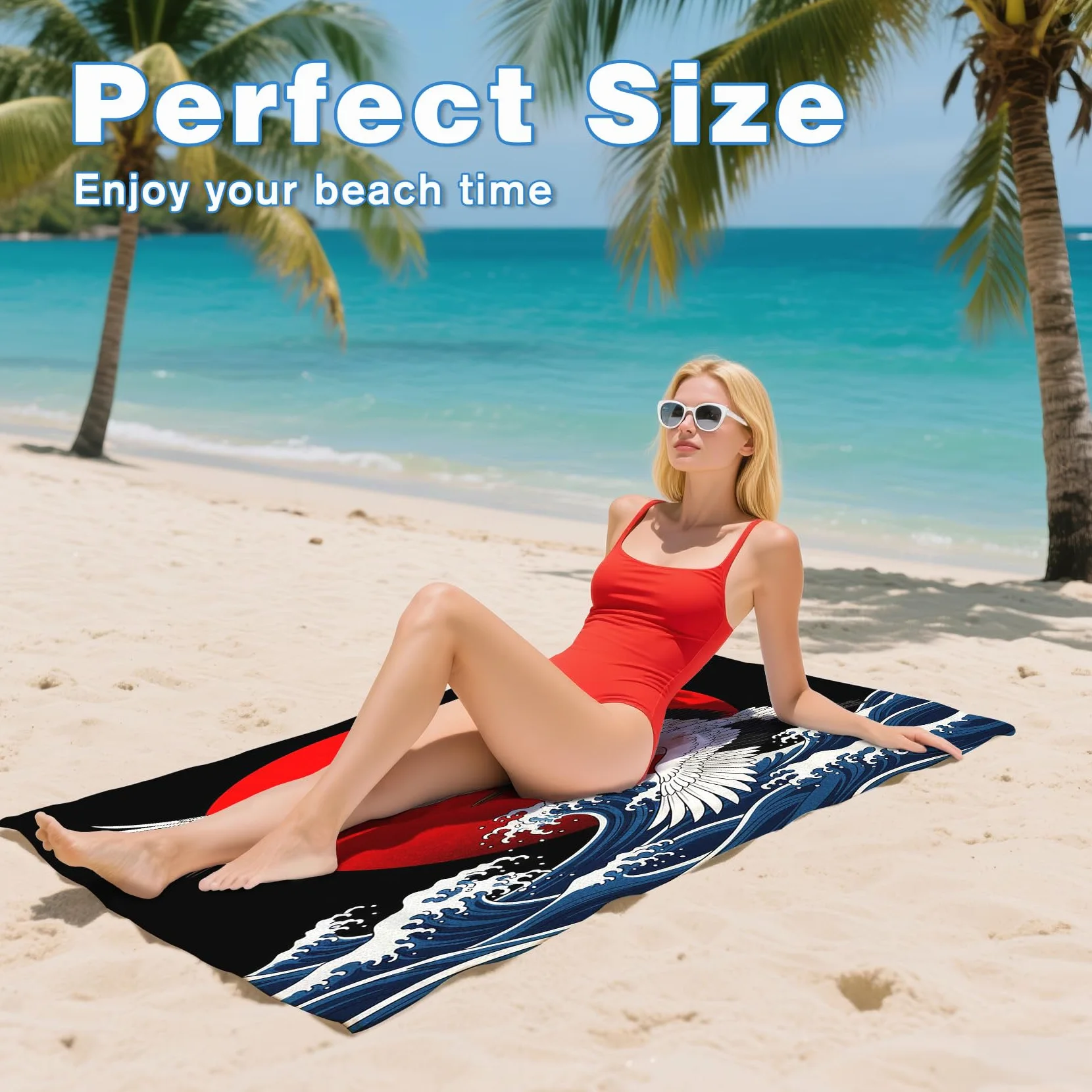 Serviette de Plage XXL Microfibre Style Asiatique Vague Japonaise, Drap de Plage Séchage Rapide Anti Sable & Légère, Serviette de Bain Grande Taille 200x200 cm, Accessoire & Cadeau été