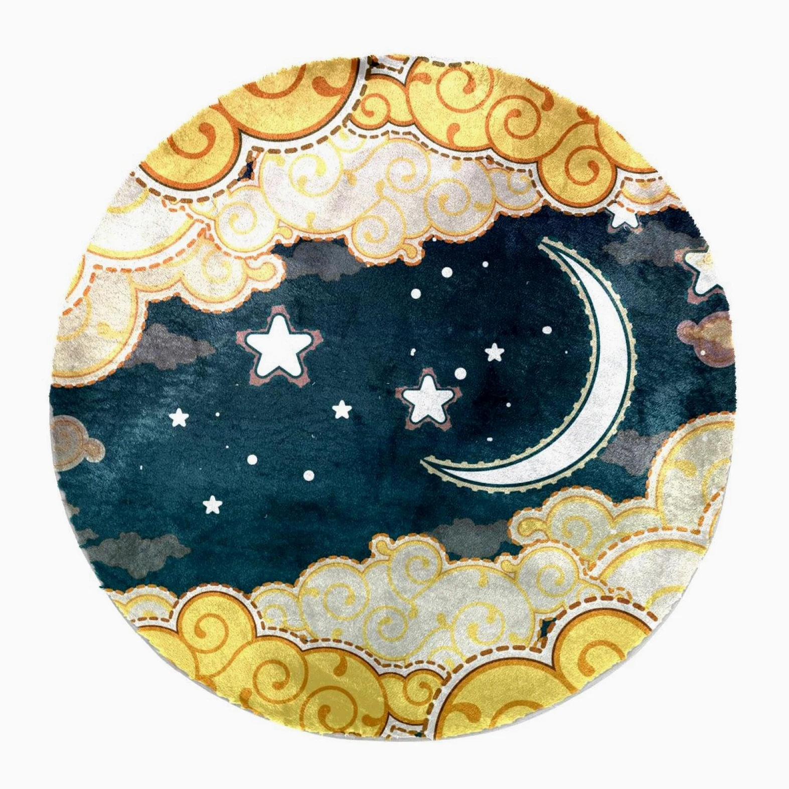 Grand tapis rond moelleux de luxe à poils longs - Tapis doux et antidérapant - Motif lune, étoiles, ciel nocturne - 100 cm - Pour chambre d'enfant