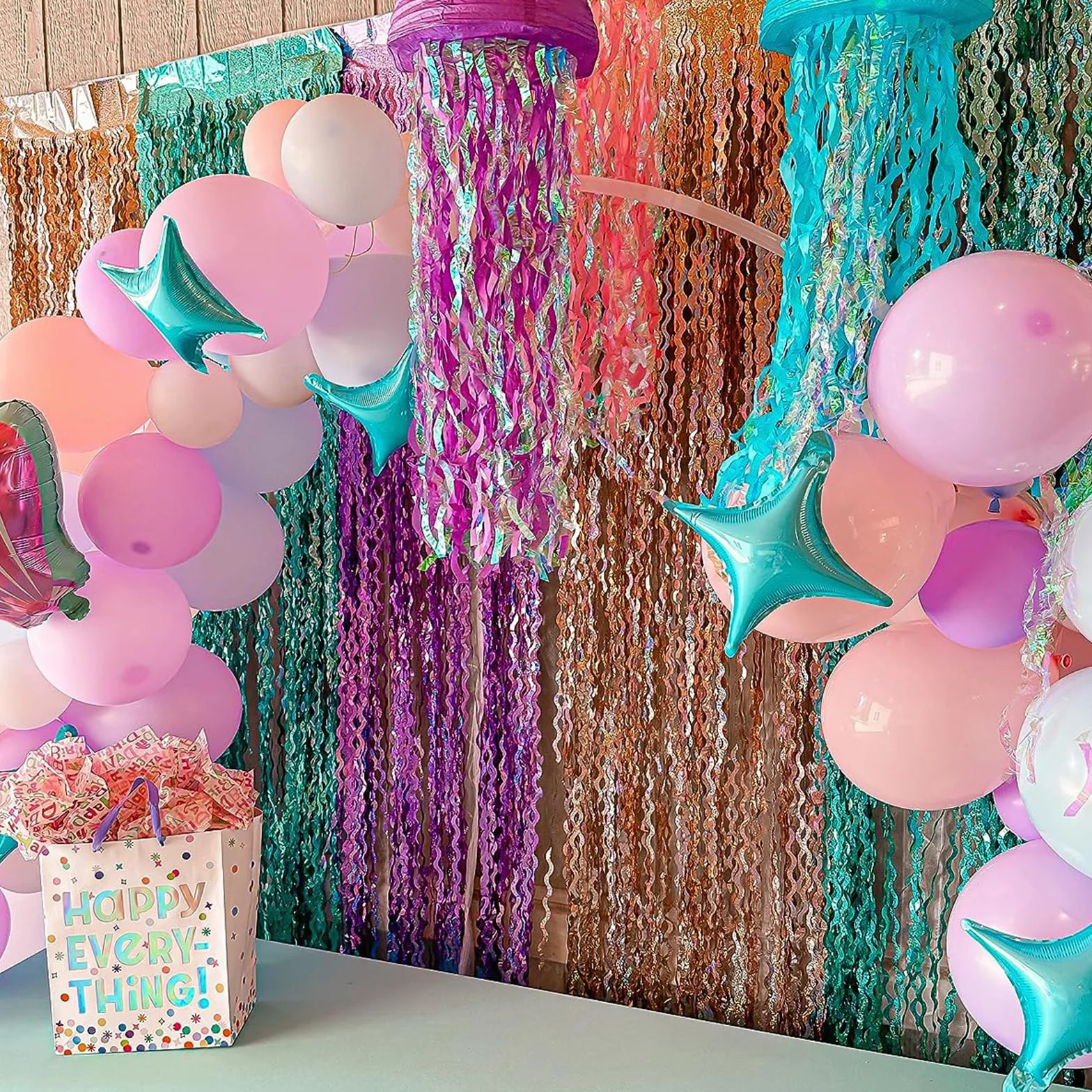 Rideau Décoratif Métallique Effet Ondulé G2PLUS 2 Rideau Franges Vagues Bleu pour Anniversaire Fille Fête Sirène