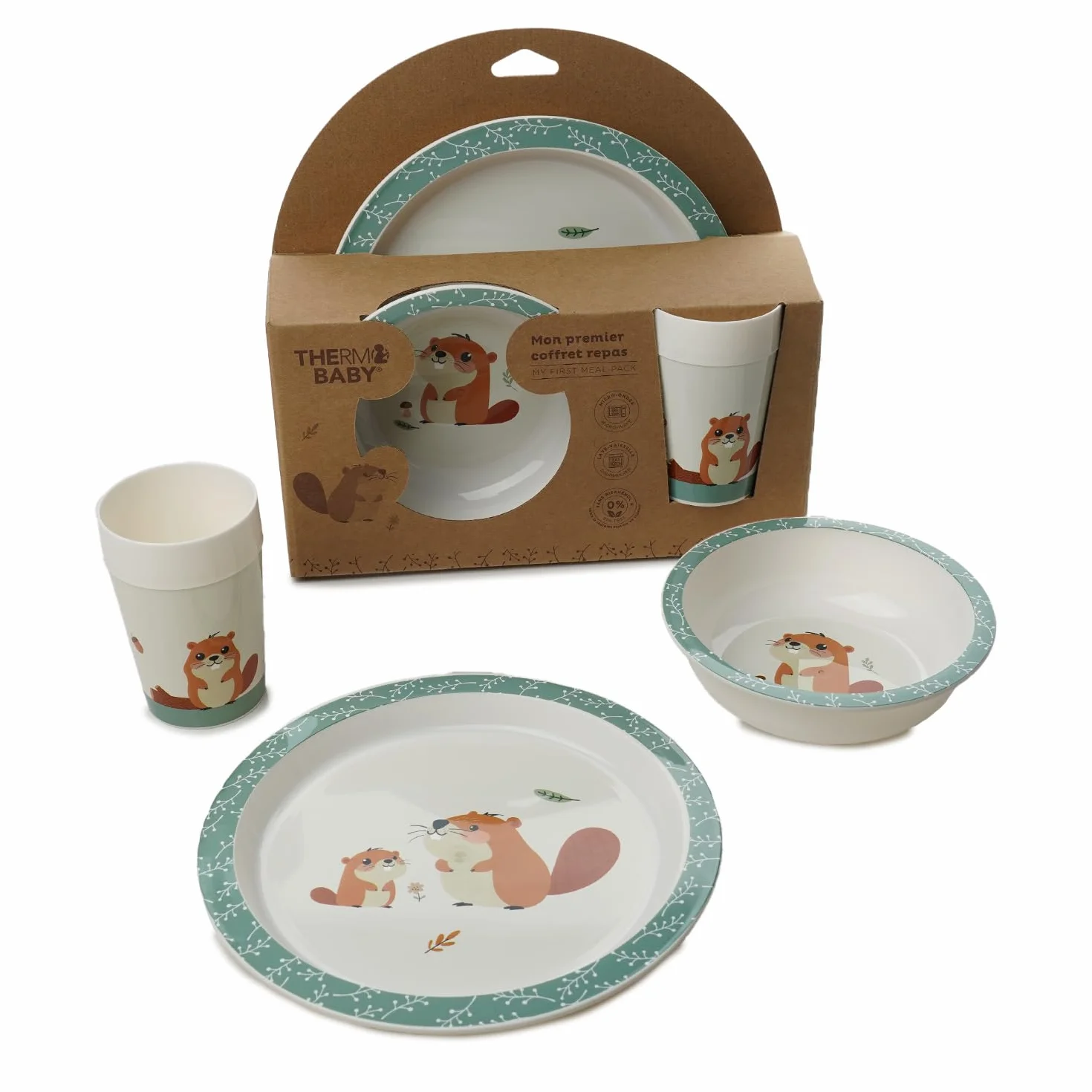 THERMOBABY Coffret Repas Castor pour Enfant sans BPA Assiette Gobelet et Bol