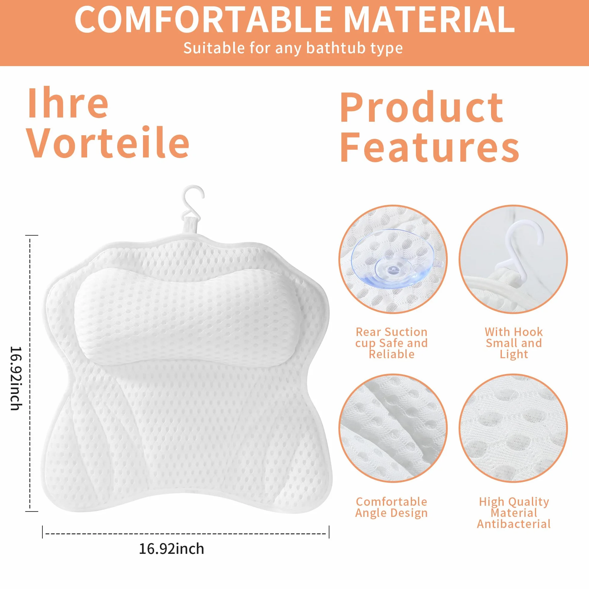 Coussin Baignoire Adulte 4D Air Mesh 6 Ventouses Antidérapantes