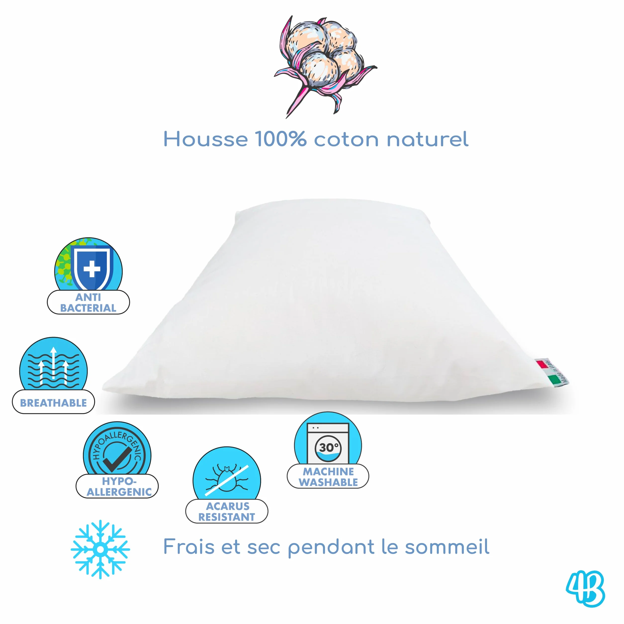 Oreiller Enfant 40x60 Coton 100% Italien Respirant Hypoallergénique Anti-acarien