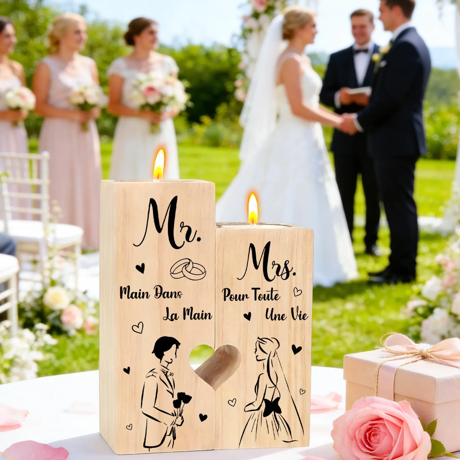 Cadeau Mariage Personnalisé - Mr Mrs Candélabre en Bois pour Couple Marié