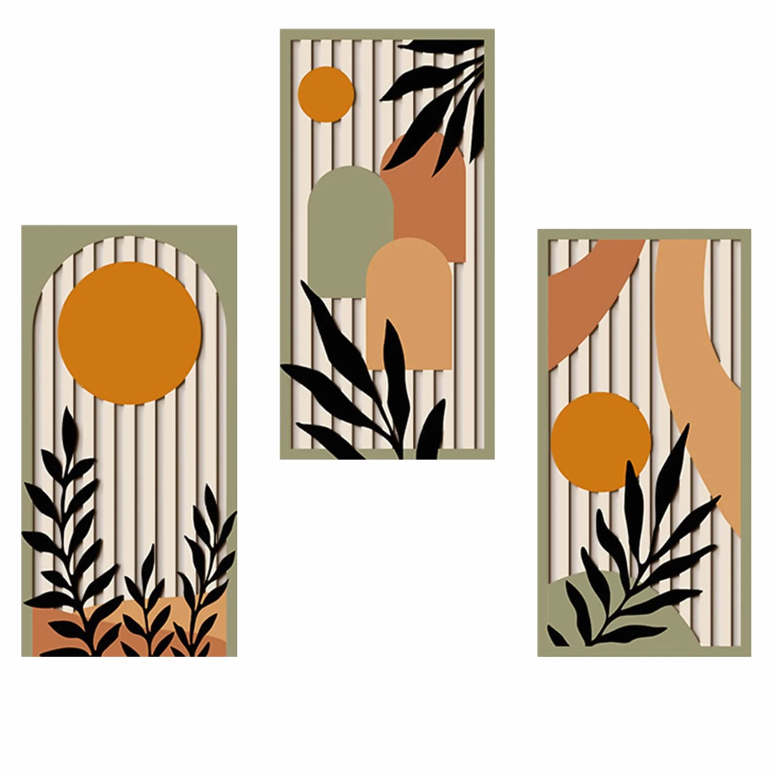 KiKiHong Décoration Murale en Bois Set de 3, Tableaux Murs Bois Motif Plantes & Géométrique Moderne 40 x 20 cm