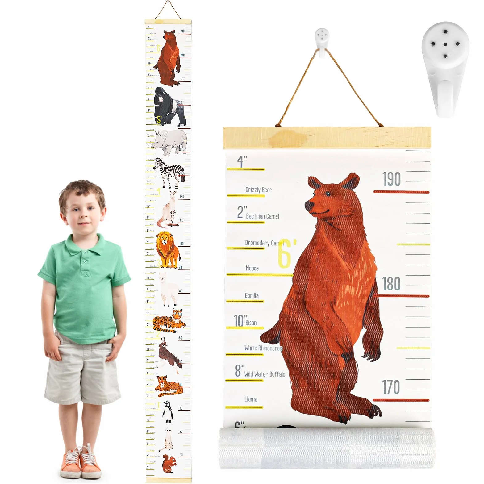 Toise Murale Enfant Bébé à Suspendre Règle pour Enfants Motif Animal Blanc 195 x 20 cm