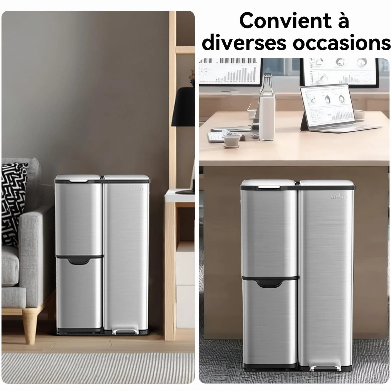 mVm Poubelle de Cuisine Triple 3 Compartiments 60L Acier