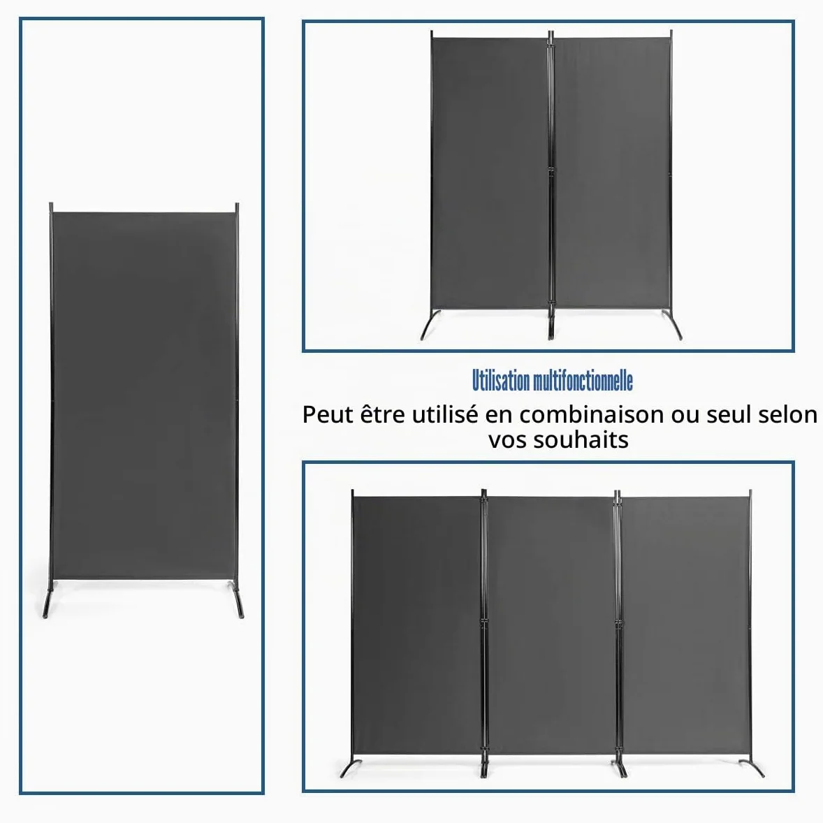 FANTASK Paravent Mural à 3 Panneaux - 260 x 183 cm - Pliable - avec Dessous réglables - en métal et Polyester - pour la Maison, Le Bureau, la terrasse - Gris
