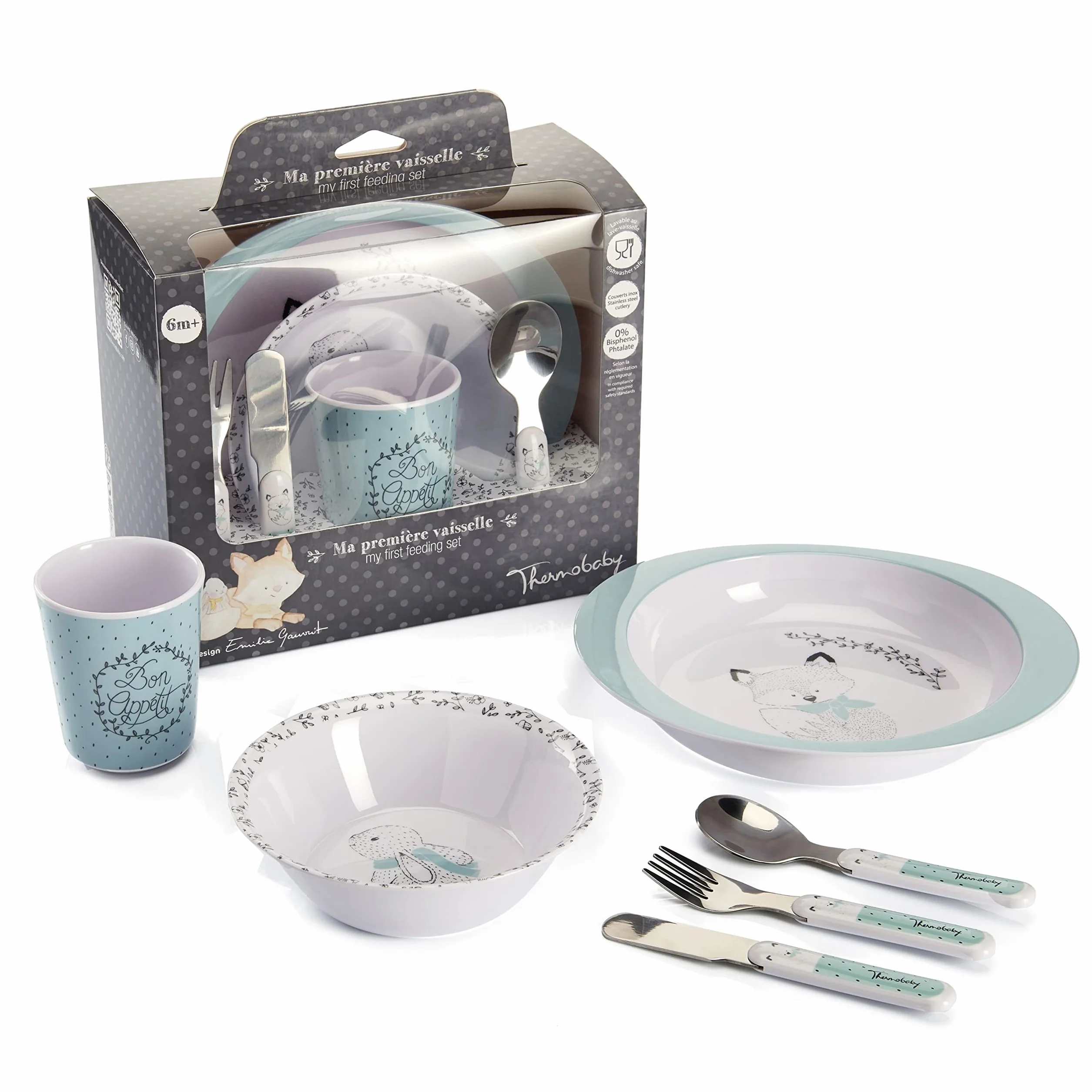 THERMOBABY Coffret Vaisselle Mélamine et Couverts Inox Enfant Vert Céladon Gris