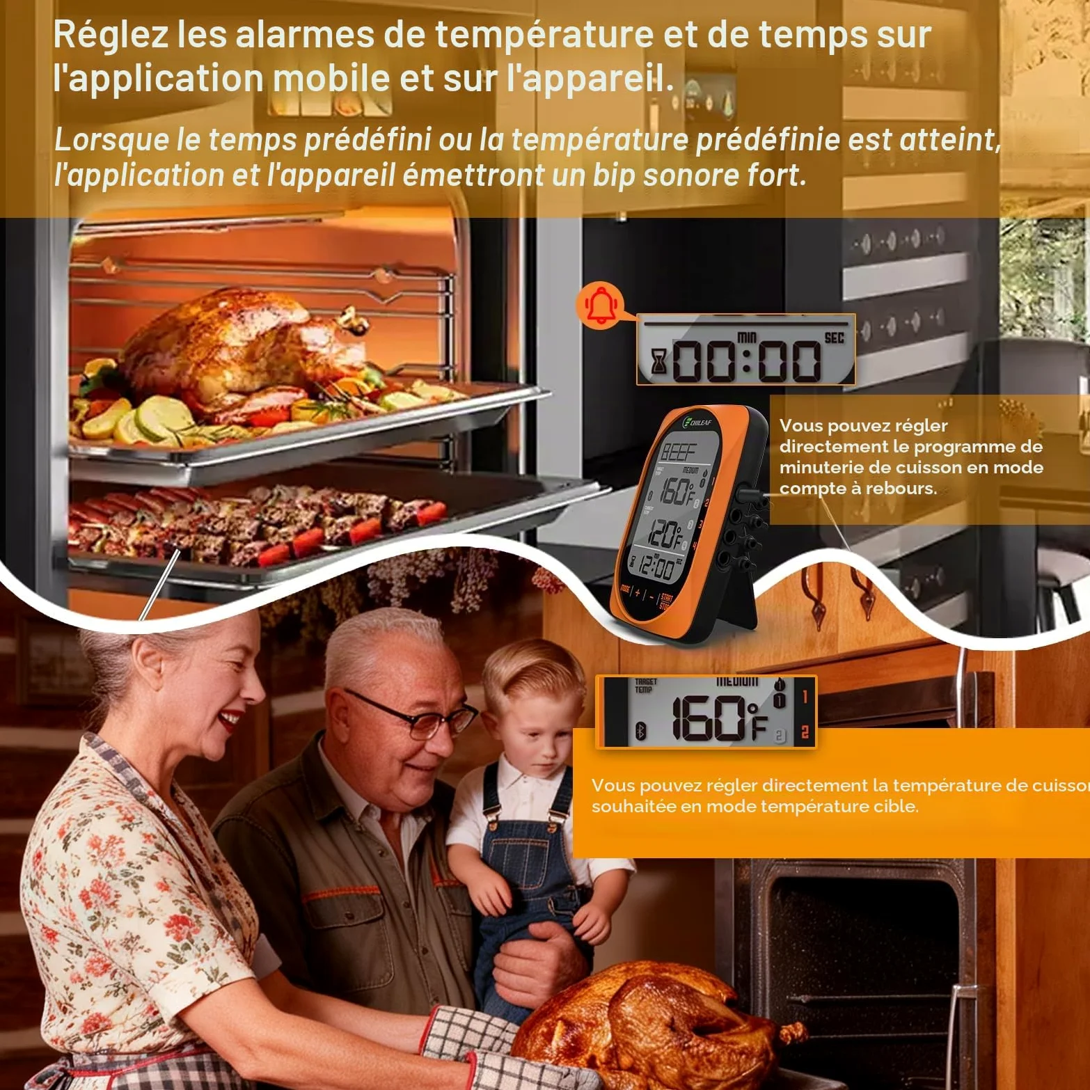 Meat Thermomètre numérique instantané avec 4 modes d'échantillons de mode temporisation pour barbecue, bonbons, aliments et fumoirs
