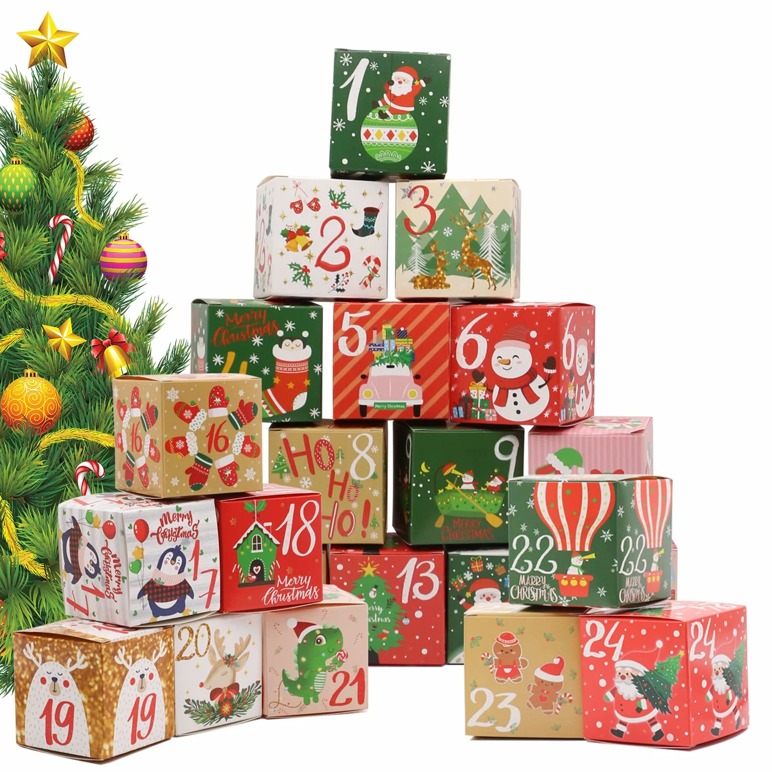 Calendrier de l'avent 2025 24 caisses pochettes cadeaux 7x7x7 cm