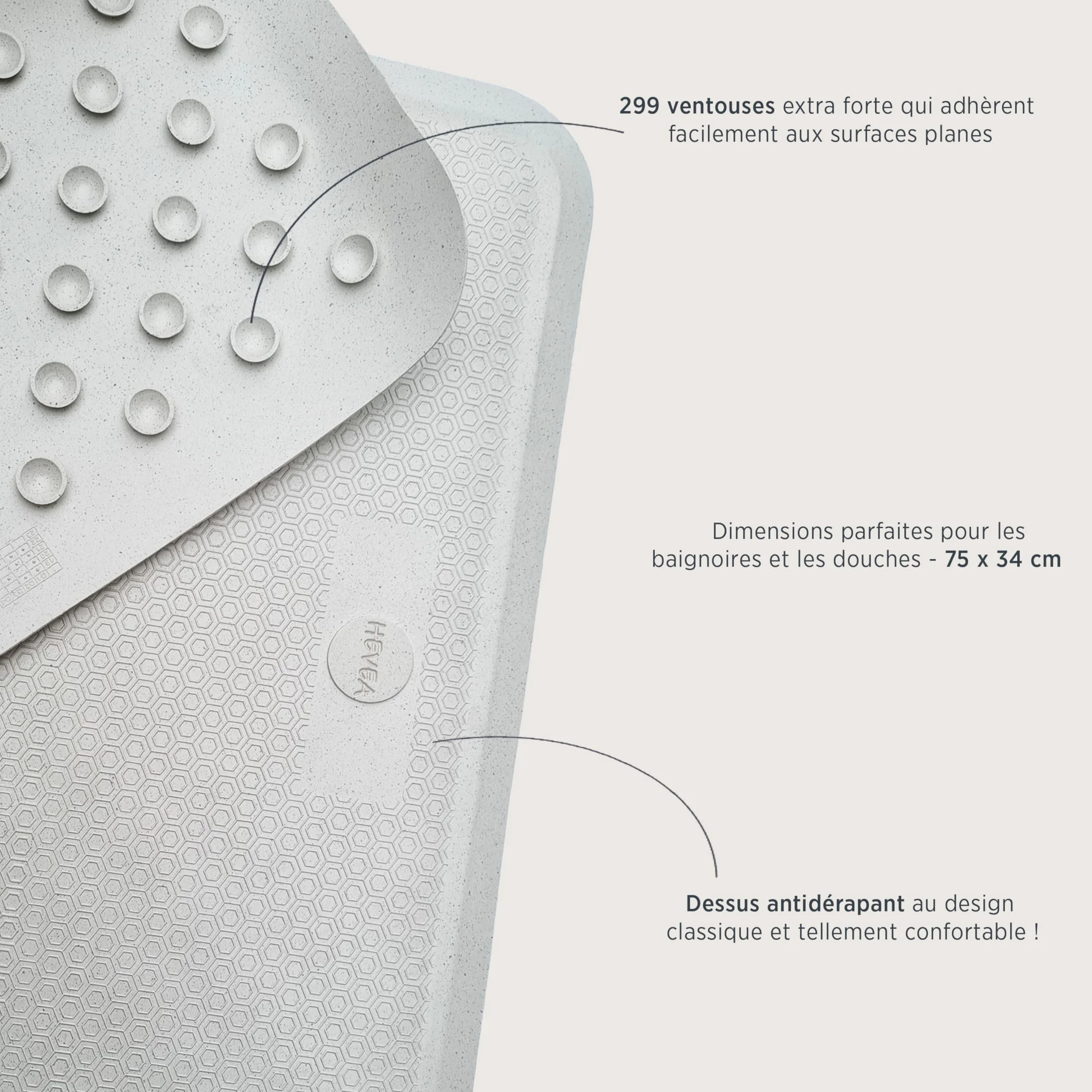 Hevea Tapis de Bain Grand en Caoutchouc Naturel - Antidérapant - 299 Ventouses - Conception Scandinave Écologique (Granite)