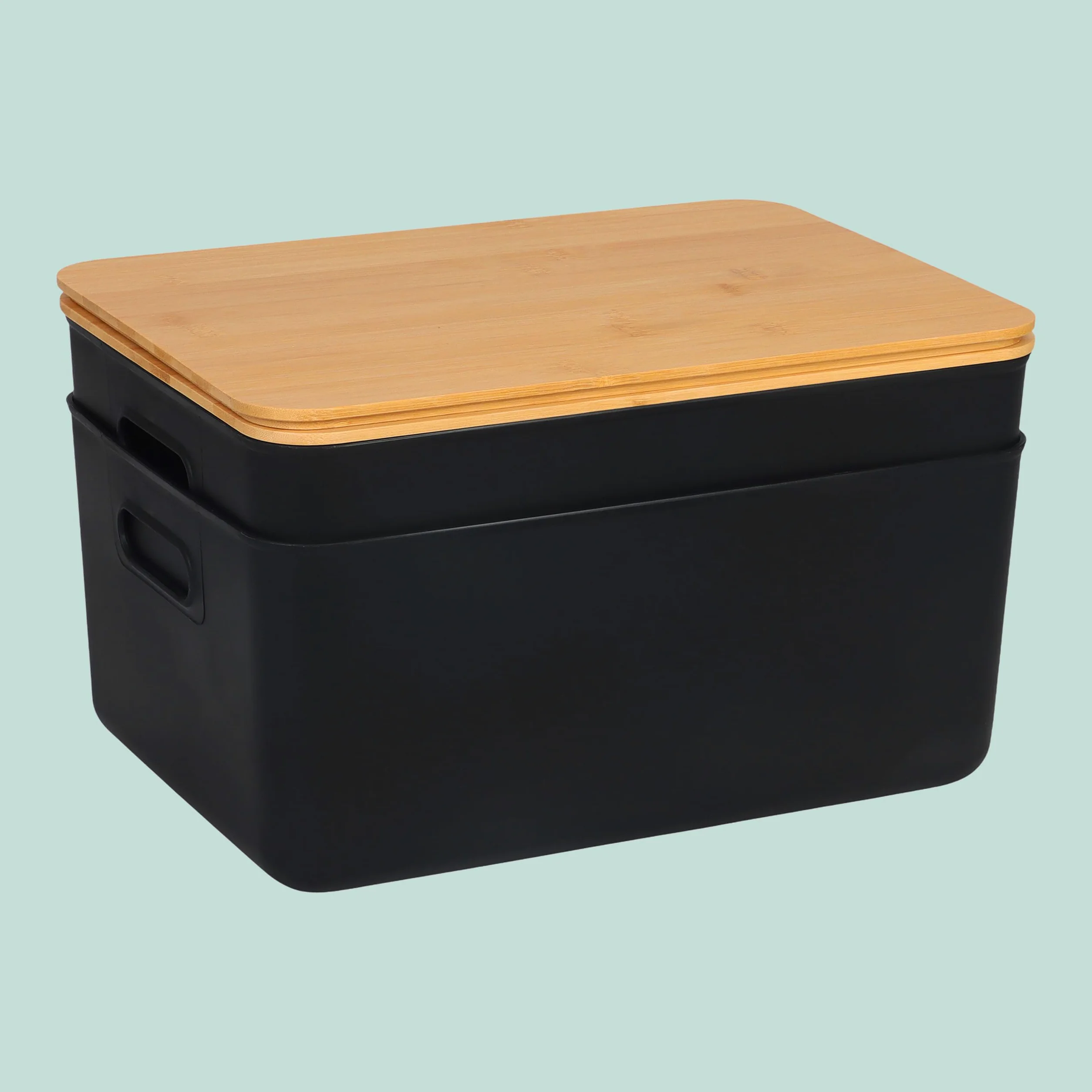 Relaxdays Boîte de Rangement, Lot de 2, Couvercle, poignées, 16 x 36 x 25 cm, Plastique et Bambou, Noir, Maison