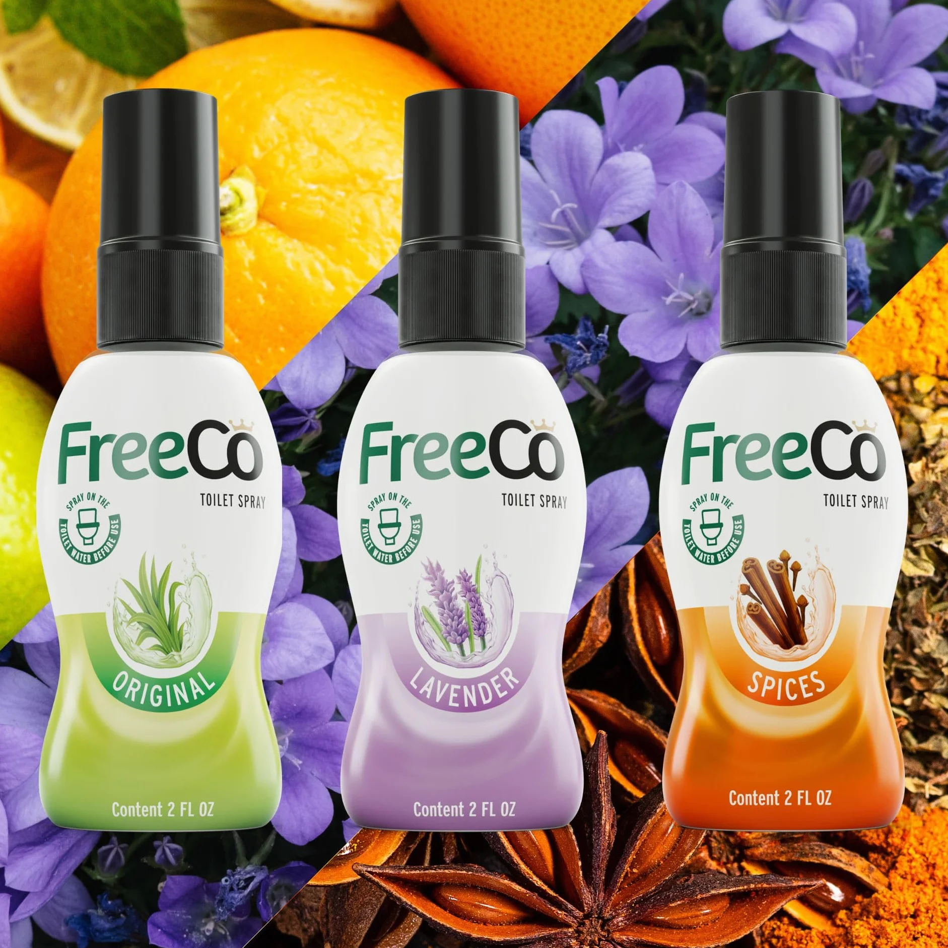 Freeco Huiles Essentielles Spray Anti-Odeur WC 3x60ml Parfum Agrumes Lavande Épice