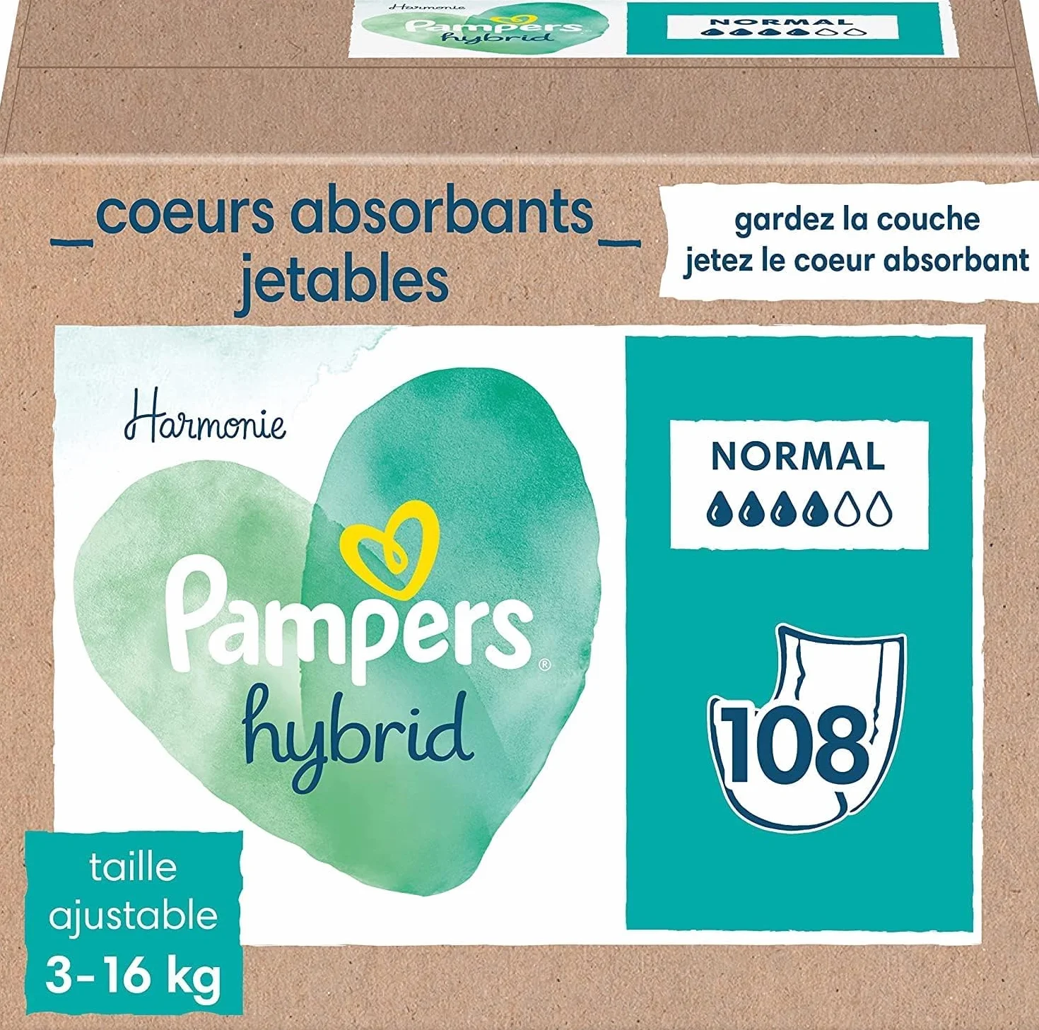 Pampers Harmonie Hybrid 108 Cœurs de Protection Jetables pour Couche Lavable Hybride 100% Absorption