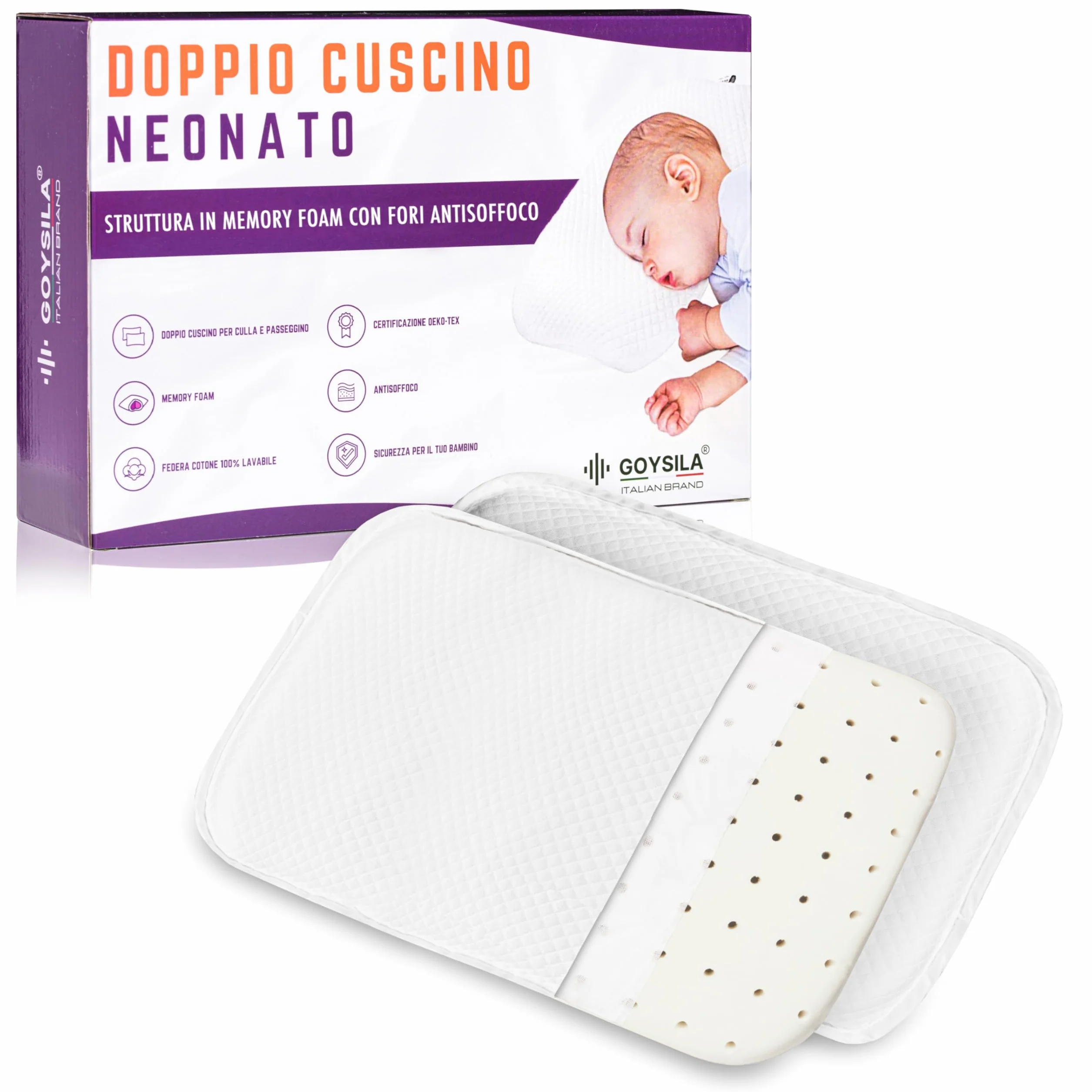 GOYSILA Lot de 2 Oreillers Bébé à Mémoire de Forme 30x20 cm Coussin Enfant Respirant Oeko Tex Coton Hypoallergénique Compatible Chicco Next2Me