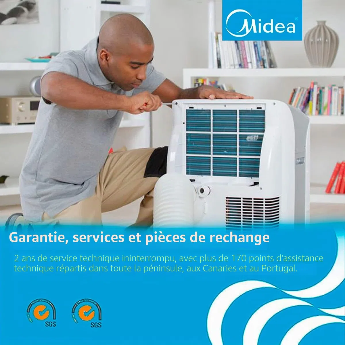 MIDEA Climatiseur portable frigories - Climatiseur portable refroidisseur - Refroidisseur silencieux - Refroidisseur d'air - 3 vitesses avec kit fenêtre et télécommande (12000 BTU | 43m2 | Avec Ligne)