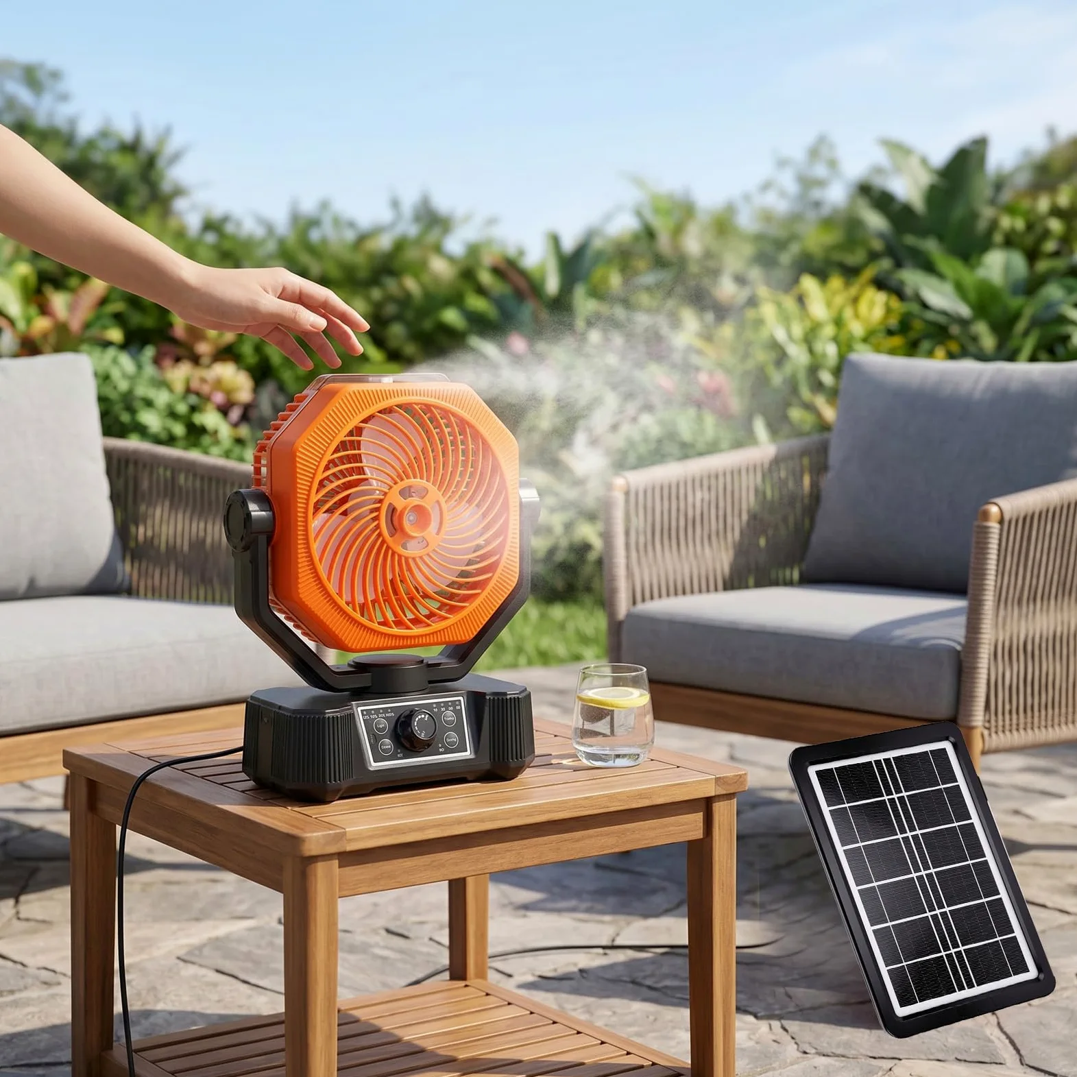 Ausla Ventilateur Brumisateur Solaire, Ventilateur de Refroidissement Portable Rechargeable à 8 Vitesses avec Lumière LED, Réservoir D’eau de 180 Ml, Batterie de 10 000 MAh, pour