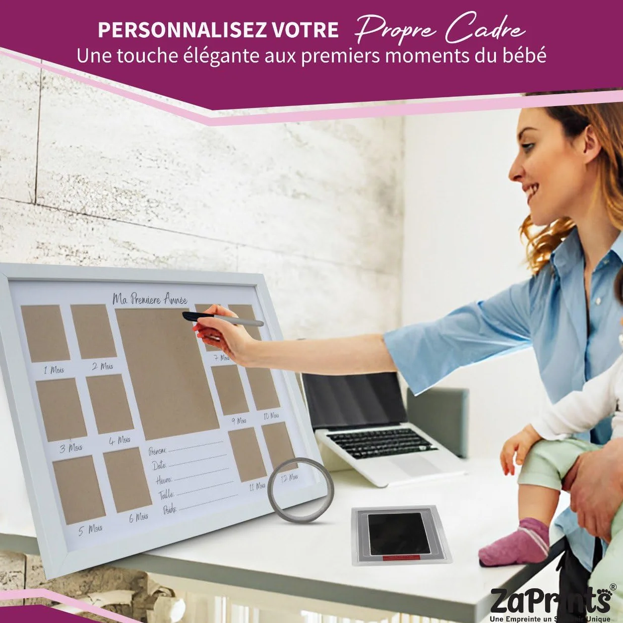 Cadre Photo Souvenir Première Année Bébé 12 Photos Pêle Mêle Kit Empreinte Bébé Cadeau Naissance Personnalisé