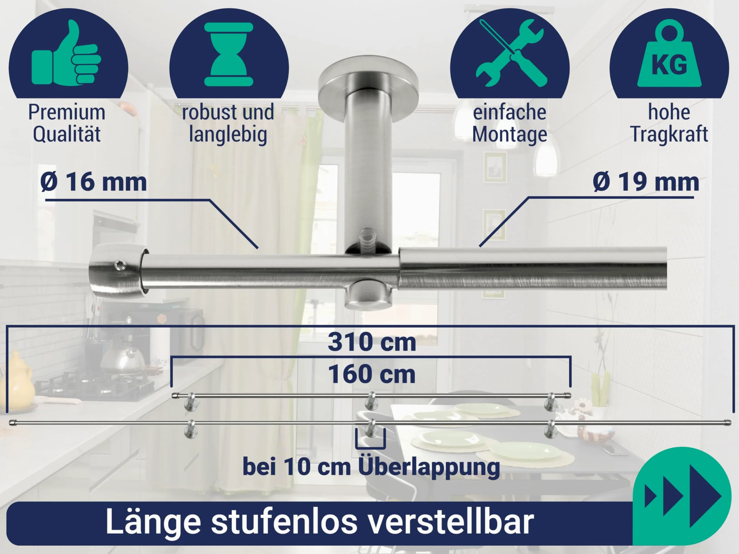Marie's Home Tringle rideau extensible et réglable 160-310 cm - Tringle a rideaux télescopique, également utilisable comme tringle de douche - Embouts cylindre